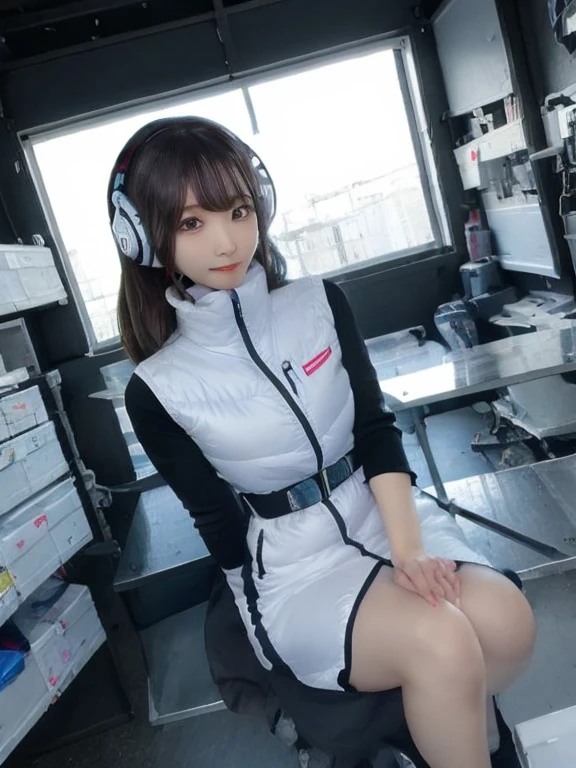 masterpiece, highest quality, Very detailed, 8K Portrait,japanese android girl,Plump , Control panel,Robotic arms and legs, Blunt bangs,,BREAK (metallic gray, metallic luster, mirror finish, astrovest):5,headphone:5,BREAK (black sleeves):100,smartwatch,futuristic space station,control room,BREAK headphone,blue eyes,(black hair):2,(long hair):1.3,look at viewer,(Respirator),BREAK blush:3,hidden hands,smile