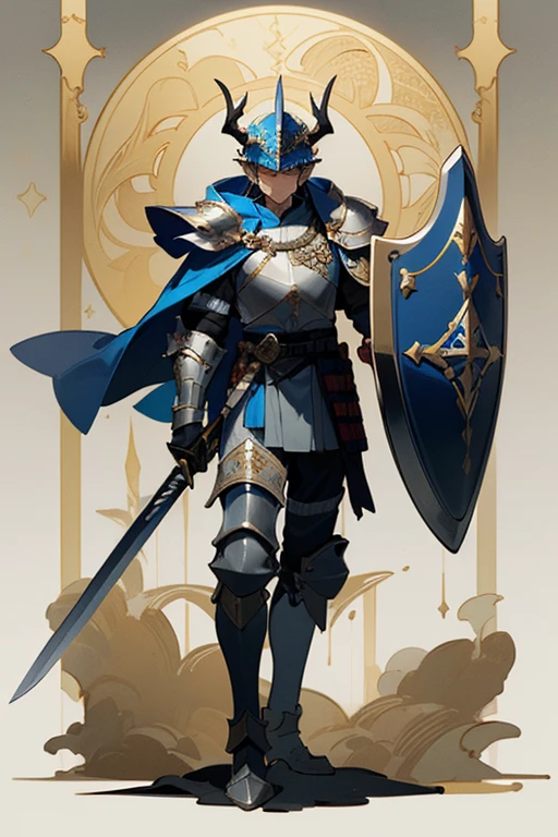 ((highest quality)), ((masterpiece)), (Familiar), One man,Fantasy,((black騎士)),Full Body Armor,(Helmet),Two-horned helmet,((blackい甲冑)),大sword,((blackい鎧)),Golden decoration,White pattern,sword,Cape,shield,black