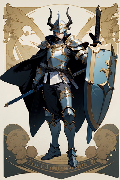 ((highest quality)), ((masterpiece)), (Familiar), One man,Fantasy,((black騎士)),Full Body Armor,(Helmet),Two-horned helmet,((blackい甲冑)),大sword,((blackい鎧)),Golden decoration,White pattern,sword,Cape,shield,black