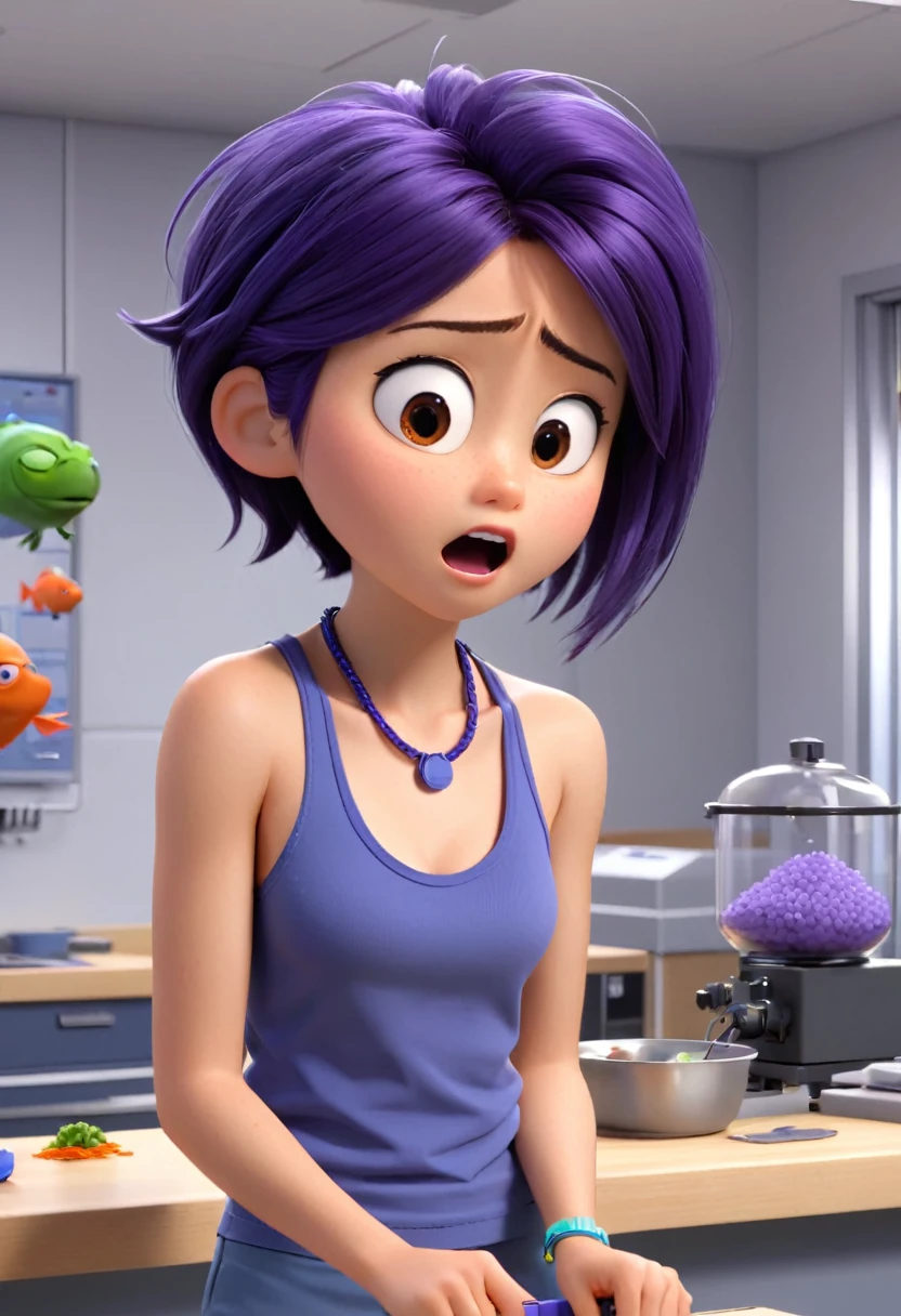 Une Japonaise de 14 ans, cheveux bleu, dark purple necklace, Grey tank top, terrified, scotcher au mur, main en l'aire, ne pouvant plus bouger, in a defective laboratory, style 3d Pixar, (best quality, 4k, 8k, High resolution, chef-d&#39;artwork:1.2), Ultra-detailed, (Realistic, photoRealistic, photo-Realistic:1.37), portraits, Des couleurs vives, studio lighting