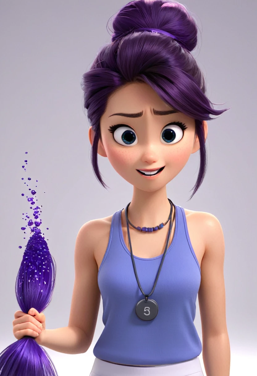 Une Japonaise de 14 ans, cheveux bleu, dark purple necklace, Grey tank top, terrified, scotcher au mur, main en l'aire, ne pouvant plus bouger, in a defective laboratory, style 3d Pixar, (best quality, 4k, 8k, High resolution, chef-d'artwork:1.2), Ultra-detailed, (Realistic, photoRealistic, photo-Realistic:1.37), portraits, Des couleurs vives, studio lighting