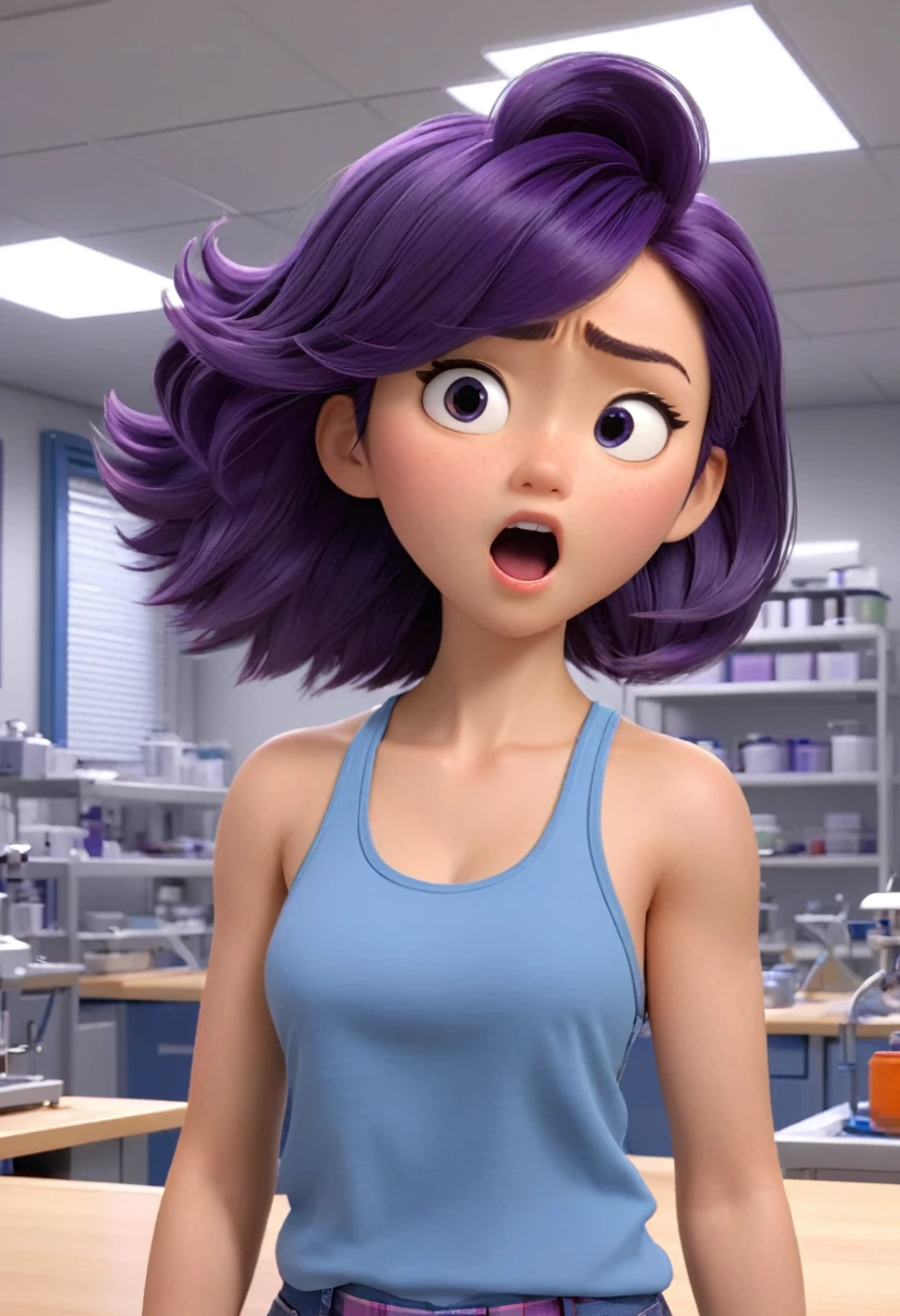 Une Japonaise de 14 ans, cheveux bleu, dark purple necklace, Grey tank top, terrified, scotcher au mur, main en l'aire, ne pouvant plus bouger, in a defective laboratory, style 3d Pixar, (best quality, 4k, 8k, High resolution, chef-d'artwork:1.2), Ultra-detailed, (Realistic, photoRealistic, photo-Realistic:1.37), portraits, Des couleurs vives, studio lighting