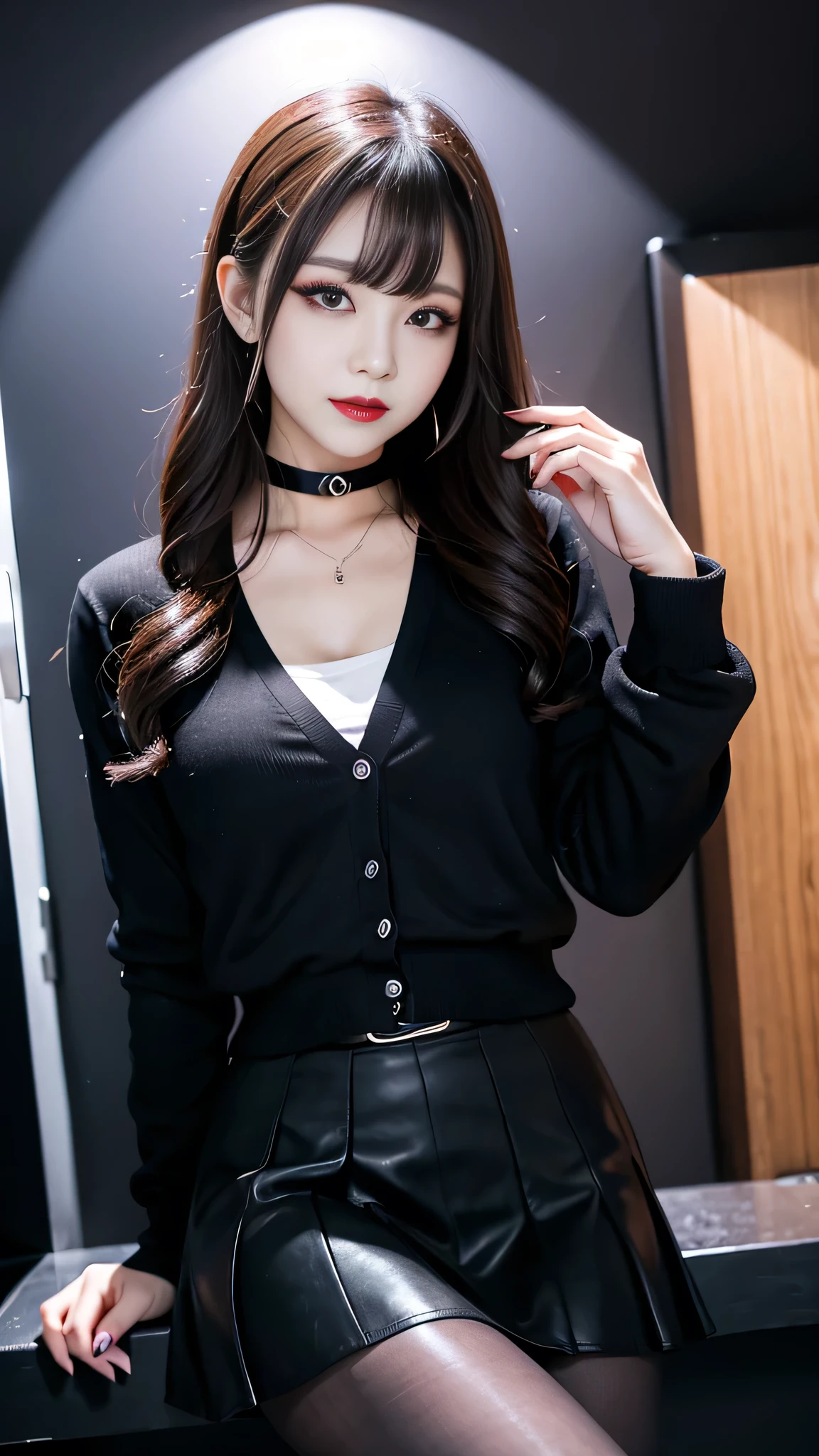 best quality、ultra-detailed、4k、Japanese、Seductive beauty、seductive adult woman、Pretty Woman、cool girl、Villainess、Brainwashed、brainwash、Fallen into evil、smirk、Evil look、Wicked Smile、evil、Brown hair、wavy hair、swept bangs、dark makeup、dark makeup、piercing eyes、hollow eyes,half-closed eyes、Hollow Eyes、purple Eyeshadow、black lipstick、black lipglos、student、uniform、Black cardigan、White Shirt、Black Ribbon、flare skirt、pantyhose、night、inside darkroom、Applying lipstick、Emblem of Evil、Crest of Darkness、Swear allegiance、I have pledged my allegiance、Dye black、Blackening、Stained with evil、Dyed in darkness、Seduce
