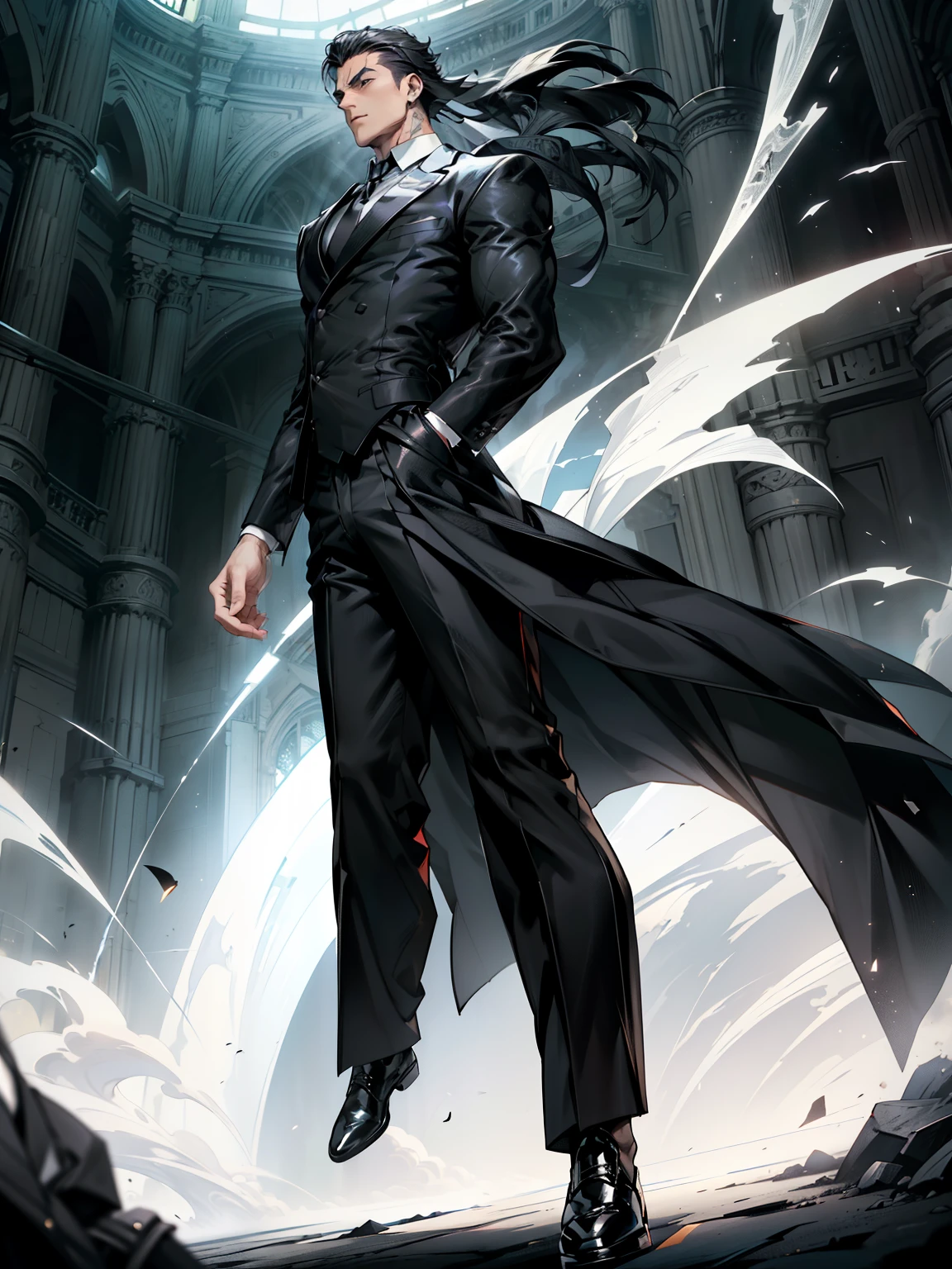 boys 26 Years old, Serious face, muscular, high cut short hair, wearing ((black long suits, white shirts, black ties, black pants)), high cut boots, ((hands behind back)), levitate on air, cloud, sky