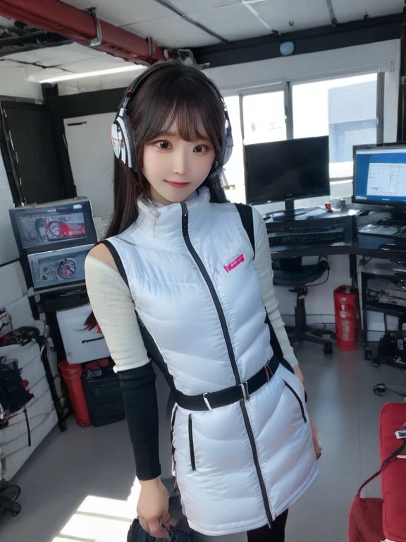 masterpiece, highest quality, Very detailed, 8K Portrait,japanese android girl,Plump , Control panel,Robotic arms and legs, Blunt bangs,,BREAK (metallic gray, metallic luster, mirror finish, astrovest):5,headphone:5,BREAK (black sleeves):100,smartwatch,futuristic space station,control room,BREAK headphone,blue eyes,(black hair):2,(long hair):1.3,look at viewer,(Respirator),BREAK blush:3,hidden hands,smile