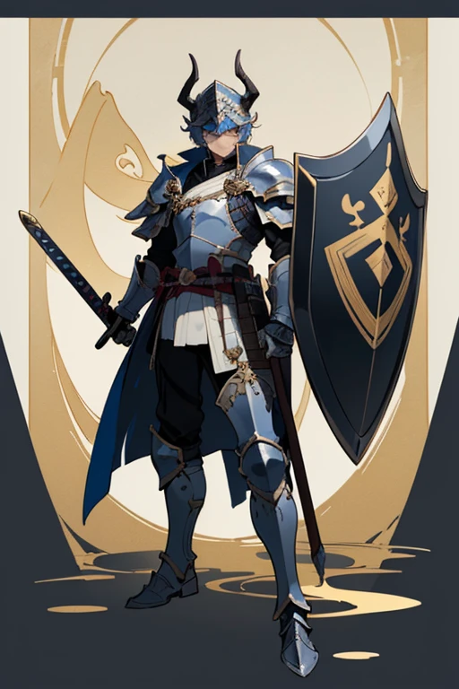 ((highest quality)), ((masterpiece)), (Familiar), One man,Fantasy,((black騎士)),Full Body Armor,(Armor),Two-horned helmet,((blackい甲冑)),大sword,((blackい鎧)),Golden decoration,White pattern,sword,Cape,shield,black