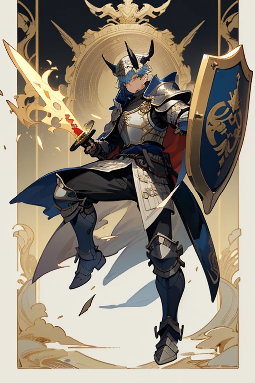 ((highest quality)), ((masterpiece)), (Familiar), One man,Fantasy,((black騎士)),Full Body Armor,(Armor),Two-horned helmet,((blackい甲冑)),大sword,((blackい鎧)),Golden decoration,White pattern,sword,Cape,shield,black