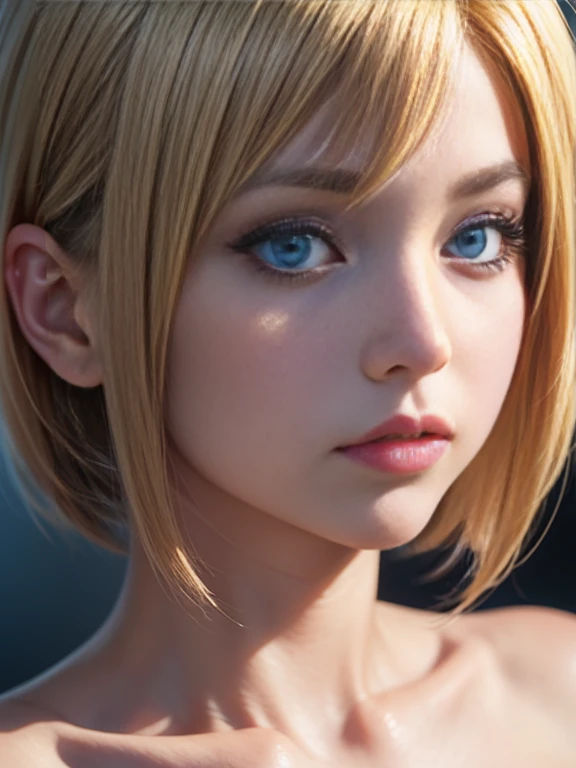 A girl with blue eyes and short bob blonde hair, photorealistic anime girl render, hyper realistic anime, 8K Portrait Rendering, stunning anime face portrait, detailed digital anime art, smooth anime cg art, Gweiz-style artwork, 3 d anime realistic, Soft Portrait Shot 8k, anime realism style, digital anime art, anime. Soft lighting