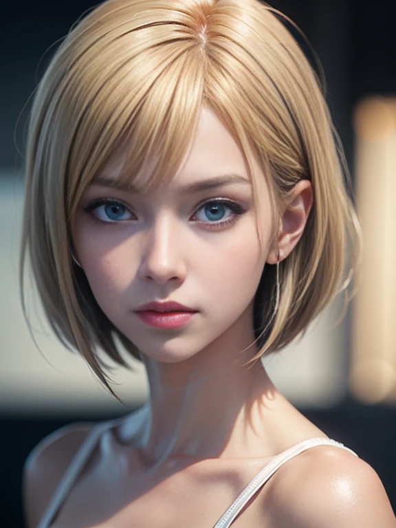 A girl with blue eyes and short bob blonde hair, photorealistic anime girl render, hyper realistic anime, 8K Portrait Rendering, stunning anime face portrait, detailed digital anime art, smooth anime cg art, Gweiz-style artwork, 3 d anime realistic, Soft Portrait Shot 8k, anime realism style, digital anime art, anime. Soft lighting