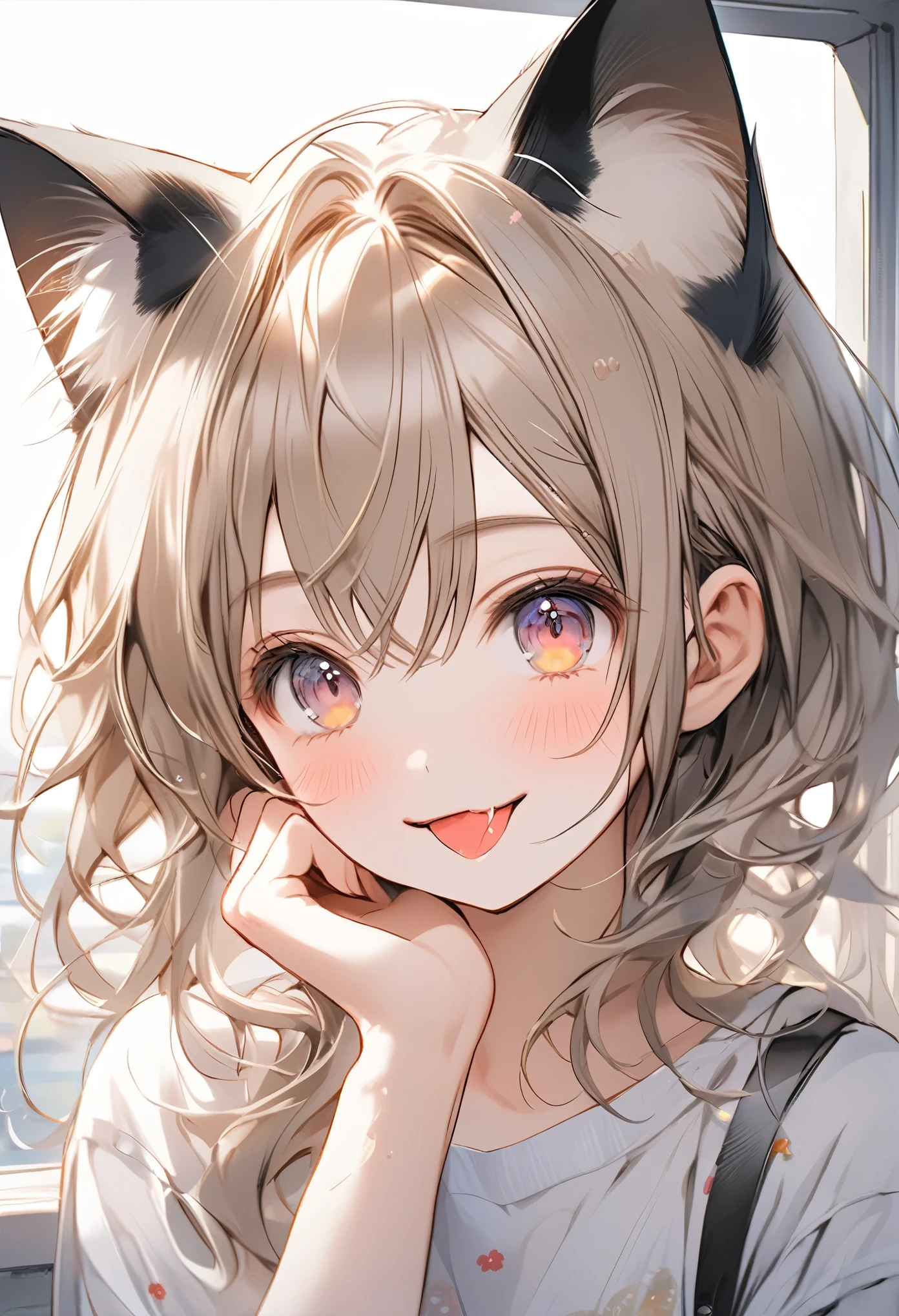 ((Masterpiece)), ((best quality)), (Anime:1.3), (super detail:1.2),(High Definition:1.3), (Professional Photography:1.2), (()), Portrait shot, (morning), messy medium hair, (slightly exposed small chest), Beautiful collarbone, (Cheesy ragged tanktop top), white tanktop, Slender body, (place hand on cheek), Sweaty skin, (nauthy smile), open mouth, ((sticking out tongue)), Textured skin, (Cat ears), Pale brown hair, Cute Beautiful Girl, BREAK, ((best quality)), View of the sea and slums, ((On a steel tower at an altitude of 200 meters)), (sunnyday and fine day),