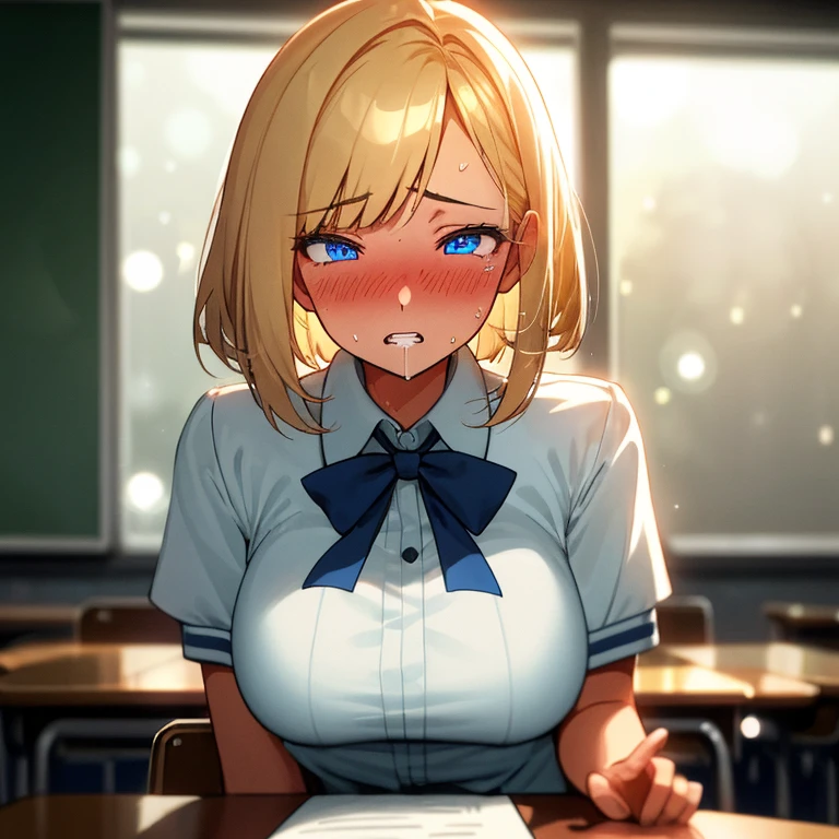 tanned 1girl in school-uniform, blond medium bob hair, glowing blue eyes, lipstick, parted lips, blushing, embarrassed, POV, too drunk, soft breast, (she is in disbelieve that she just experienced orgasm), saliva, trembling, visible heavy breathing, indoors, classroom, table, night, (soft-light, HDR, bokeh, lens-flare)