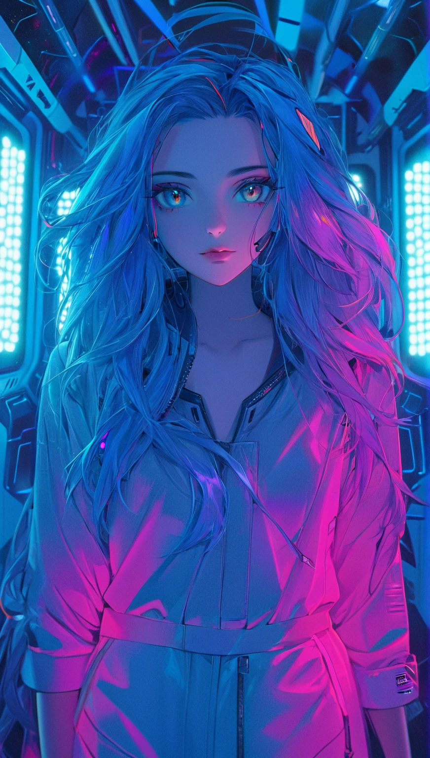 A woman with long hair in a spaceship, cyberpunk art style, bright ...