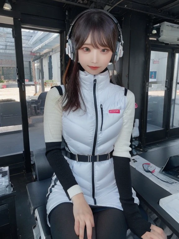 masterpiece, Highest quality, Very detailed, 8K Portrait,Japanese Android Girl,plump , Control panel,Robotic arms and legs, Blunt bangs,,break (Metallic Gray, Metallic luster, Mirror finish, Astro Best):5,headphone:5,break (Black sleeves):100,Smart Watches,Futuristic space station,Control Room,break headphone,blue eyes,(Black Hair):2,(Long Hair):1.3,Displaying the viewer,(respirator),break blush:3,Hidden Hand,smile