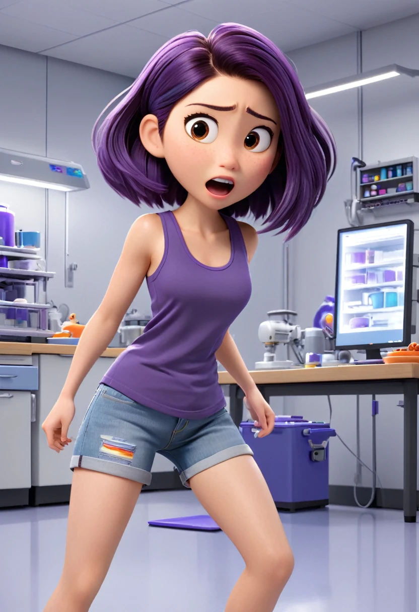 Une Japonaise de 14 ans, cheveux bleu, dark purple necklace, Grey tank top, terrified, scotcher au mur, jambe et bras, ne pouvant plus bouger, in a defective laboratory, style 3d Pixar, (best quality, 4k, 8k, High resolution, chef-d'artwork:1.2), Ultra-detailed, (Realistic, photoRealistic, photo-Realistic:1.37), portraits, Des couleurs vives, studio lighting