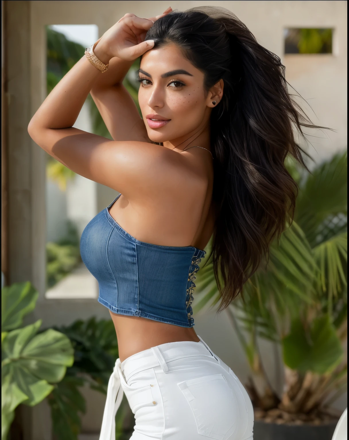arafed 28-years-old female human being, tanned and beautiful Japanese woman, dark hair, influencer, tanned, dark eyes, no make up, fitness body shape, light freckles, fitness accentuated booty, in a denim top and white pants posing for a picture, 30-year-old woman from cuba, looks like laura barriales, gorgeous woman, alanis guillen, the extremely hot and sexy, blanca alvarez, leaked image, tanned ameera al taweel, by Giorgio Cavallon, marischa becker, lorena avarez, perfect hands