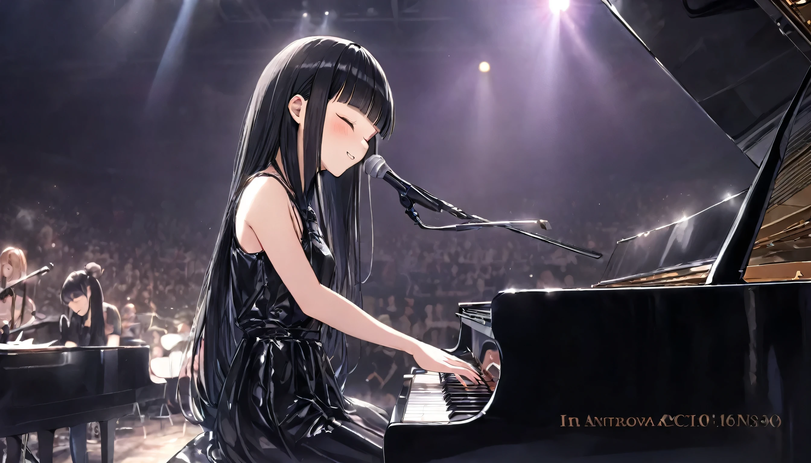 (panoramic in the Concert Venues), profile ((punk girls band style)) (in a sexy pank girl fashion) (a blunt bangs black hair long hair cute girl is pianist, closed sexy eyes, blushing, sexy smile), (playing piano), BREAK, perfect anatomy, masterpiece, best quality, 16k.