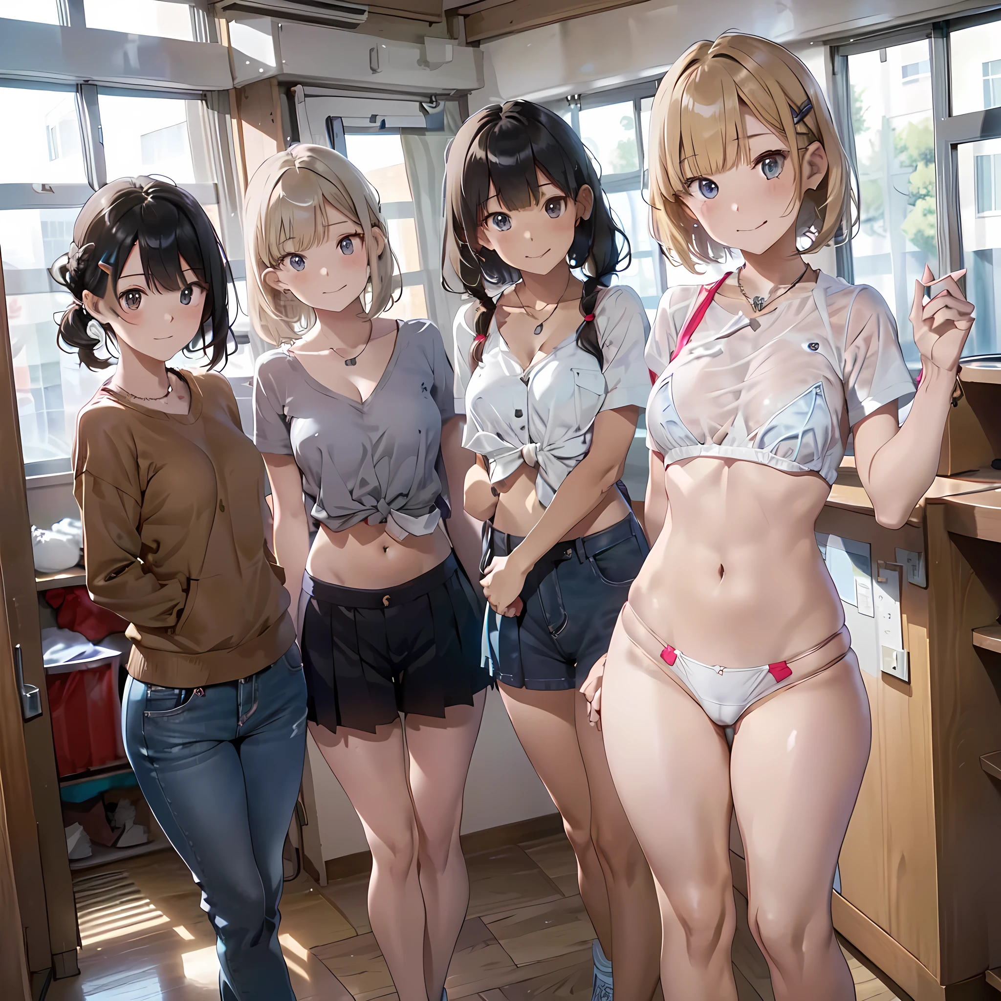 (masterpiece, best quality, ultra quality, high quality, hyper detailed, intricate detailed, perfect anatomy, shiny skin), ((body shot:1.2)), (3women are posing for a camera), (In the school changing room), slender, happy、fun、(Laughing with your mouth open:1.2), brown hair, blond hair, silver hair, navel, jewelry, looking at viewer, necklace, long hair, short hair, Abdominal muscles, (Thong:1.2),straight hair, bob cut, blunt bangs, silky hair, hair clip, hair band, hair ribbon, one-length haircut, ducktail, outward curled hair, French twist hair, twintails, side ponytail, single braid, wavy hair, 