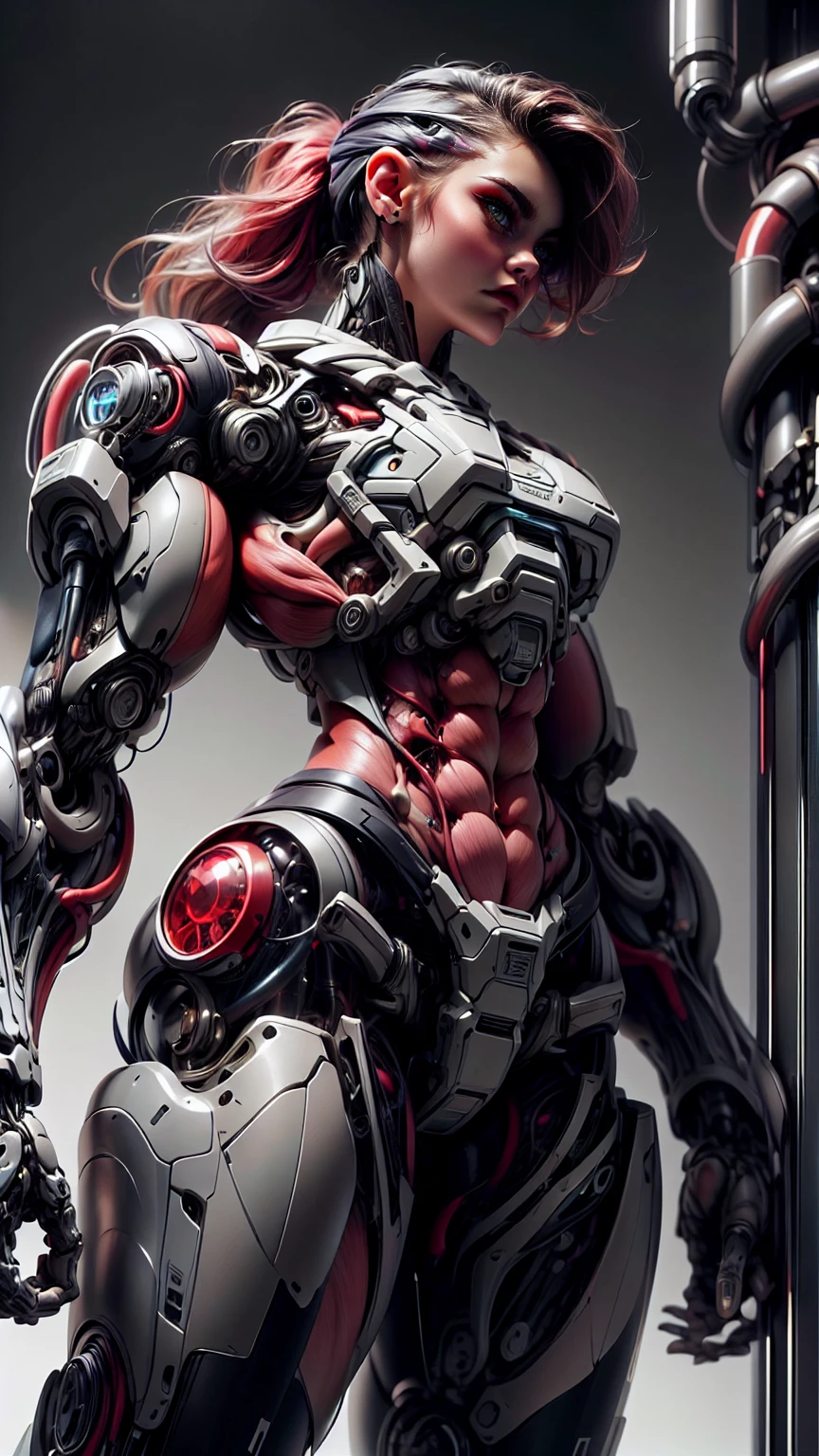 (1 girl), (cara delevingne), (muscular android girl wearing a black anatomic cybernetic muscle suit:1.25), (wide shoulders:1.25), (muscular defined physique:1.25), perfect hands, long hair, large breasts, high resolution image, extreme detail, blank background