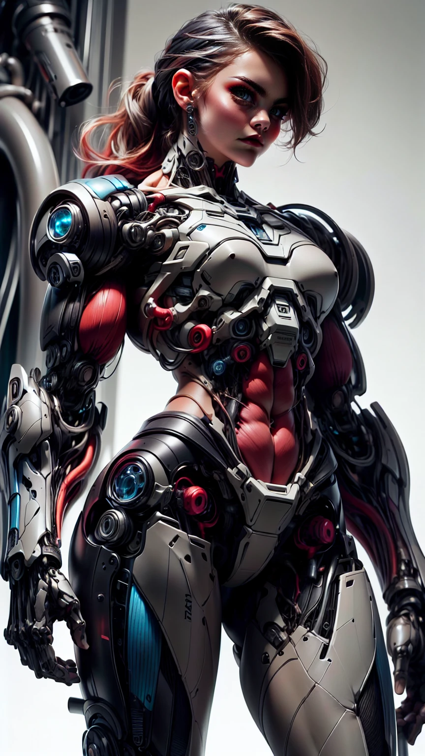 (1 girl), (cara delevingne), (muscular android girl wearing a black anatomic cybernetic muscle suit:1.25), (wide shoulders:1.25), (muscular defined physique:1.25), perfect hands, long hair, large breasts, high resolution image, extreme detail, blank background