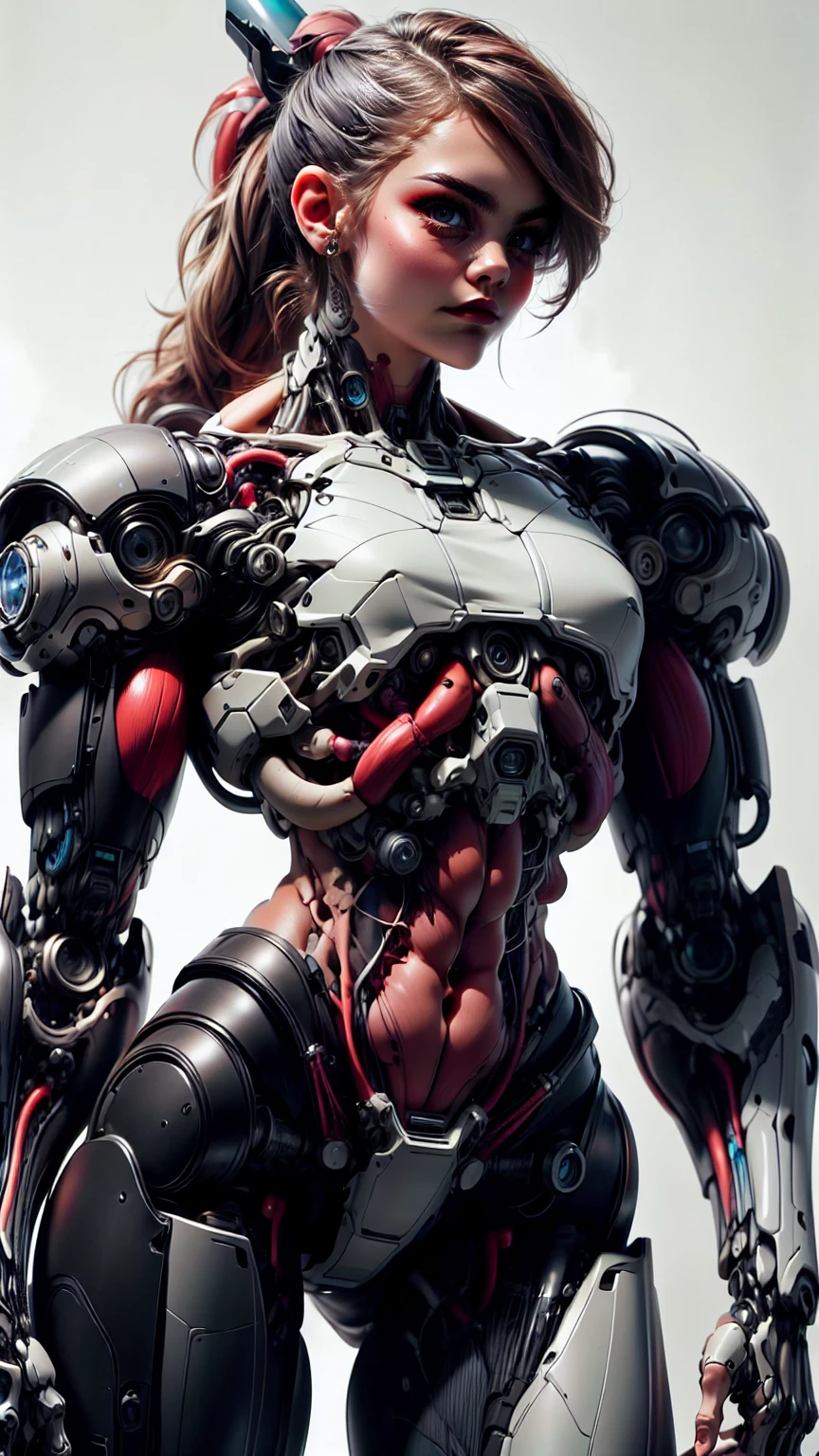 (1 girl), (cara delevingne), (muscular android girl wearing a black anatomic cybernetic muscle suit:1.25), (wide shoulders:1.25), (muscular defined physique:1.25), perfect hands, long hair, large breasts, high resolution image, extreme detail, blank background