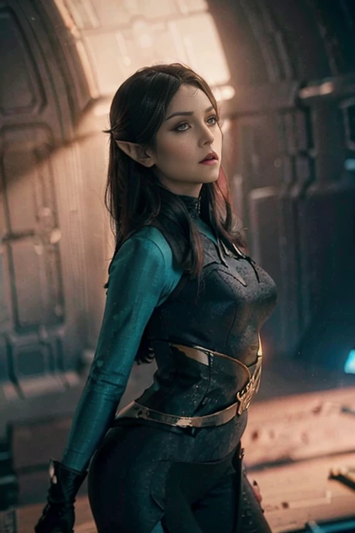 hyper realistic, 16k, best quality, masterpiece, (photorealistic:1.4), 1girl (vulcan/orion girl from star trek), elf. Pretty young. Dream aesthetic, goth makeup, red silky hair (realistic texture), pointed ears, bright turquoise eyes, pale-green skin, illuminated skin, realistic shading, (modern) black gothic dress (realistic textures), big hips, tights. waist up, dramatic lighting, from below, front, front view, multiple different poses at different angles, glowing skin, front, back lighting, athletic figure, muscular female, curvy, wide hips, colorful, looking at viewer, Hyperrealistic, gradient background, dark background, outline, cinematic lighting, (chromatic aberration, intricate details)