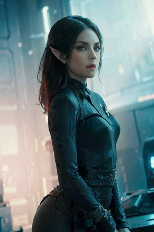 hyper realistic, 16k, best quality, masterpiece, (photorealistic:1.4), 1girl (vulcan/orion girl from star trek), elf. Pretty young. Dream aesthetic, goth makeup, red silky hair (realistic texture), pointed ears, bright turquoise eyes, pale-green skin, illuminated skin, realistic shading, (modern) black gothic dress (realistic textures), big hips, tights. waist up, dramatic lighting, from below, front, front view, multiple different poses at different angles, glowing skin, front, back lighting, athletic figure, muscular female, curvy, wide hips, colorful, looking at viewer, Hyperrealistic, gradient background, dark background, outline, cinematic lighting, (chromatic aberration, intricate details)