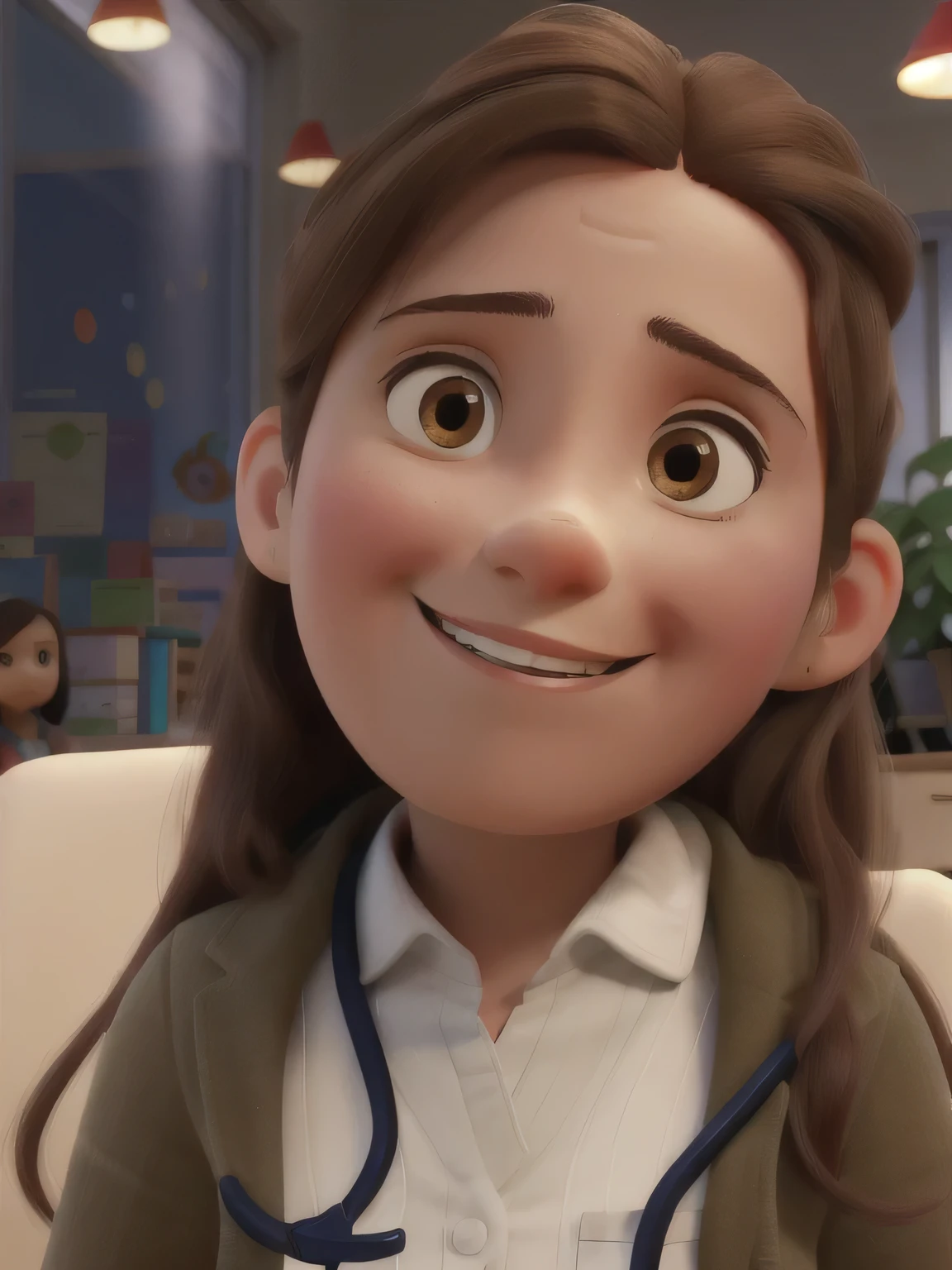 Draw Dr. Clara Luz, a psychologist who works with children, in her welcoming office. She is 1.57m tall, has light brown hair, fair skin and soft brown eyes. Dressed in comfortable professional clothing, she is sitting in a soft chair, smiling gently at a next to her, holding a toy or drawing. Around the office, there are shelves full of colorful children's books, fluffy pillows and some educational toys. Natural light enters through the windows, creating a calm and welcoming atmosphere. Convey Dr. Clara's empathy and kindness in your expression and posture, as she interacts with the in a caring and understanding way, pixar style high quality, best quality
