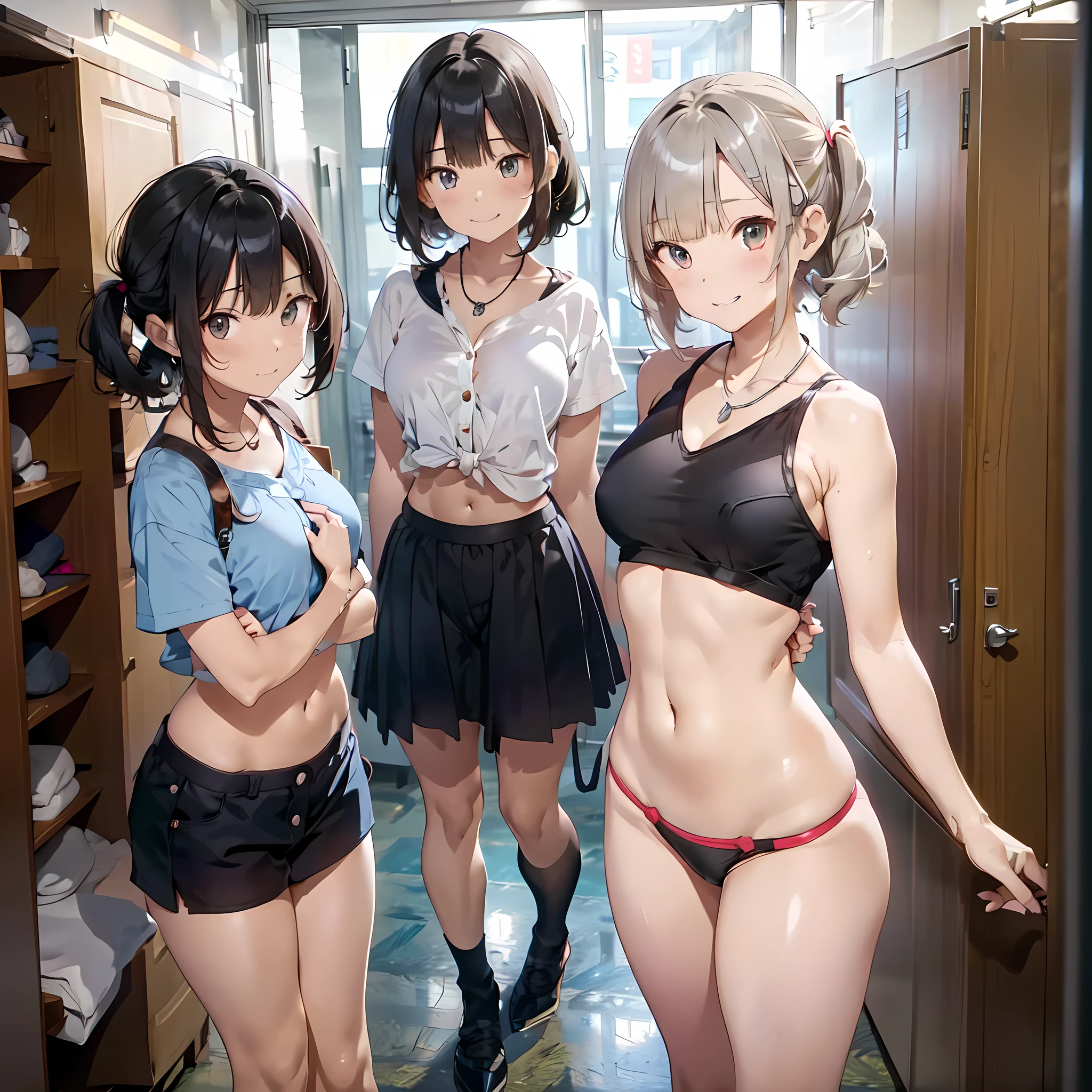 (masterpiece, best quality, ultra quality, high quality, hyper detailed, intricate detailed, perfect anatomy, shiny skin), ((body shot:1.2)), (3women are posing for a camera), (In the school changing room), slender, happy、fun、(Laughing with your mouth open:1.2), brown hair, blond hair, silver hair, navel, jewelry, looking at viewer, necklace, long hair, short hair, Abdominal muscles, (Thong:1.2),straight hair, bob cut, blunt bangs, silky hair, hair clip, hair band, hair ribbon, one-length haircut, ducktail, outward curled hair, French twist hair, twintails, side ponytail, single braid, wavy hair, 