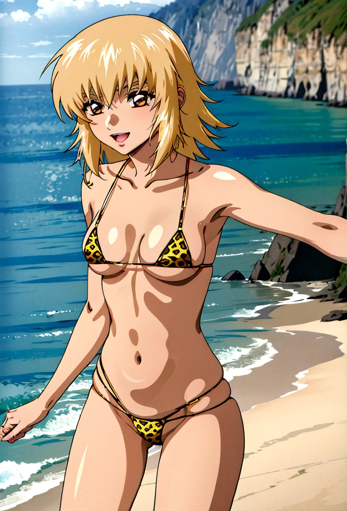 (masterpiece, 4K, highest quality, anime style: 1.9, Detailed face, Lovely, Ocean,Bold Line, High resolution, anime, Lake 4. alone, Curvaceous, Thighs, Cleavage, Medium Chest, smile, Please open your mouth wide, Very slim belly, Cowboy Shot, Leopard print micro bikini,1 girl,Blonde, Brown eyes,Cagalli Yula Athha