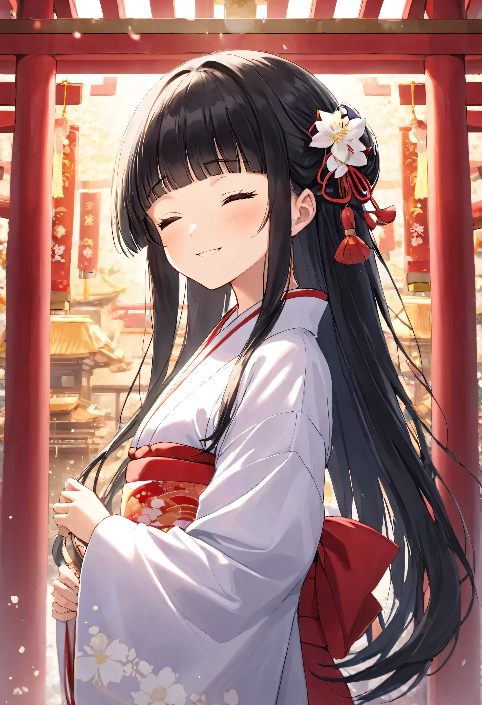 (((in a beautiful artistic Gypsophila elegans kimono))) solo ((blunt bangs)) (black hair long hair cute Shrine maiden girl, 15 yo, sexy closed eyes, cute smile), perfect anatomy, masterpiece, best quality, 16k.