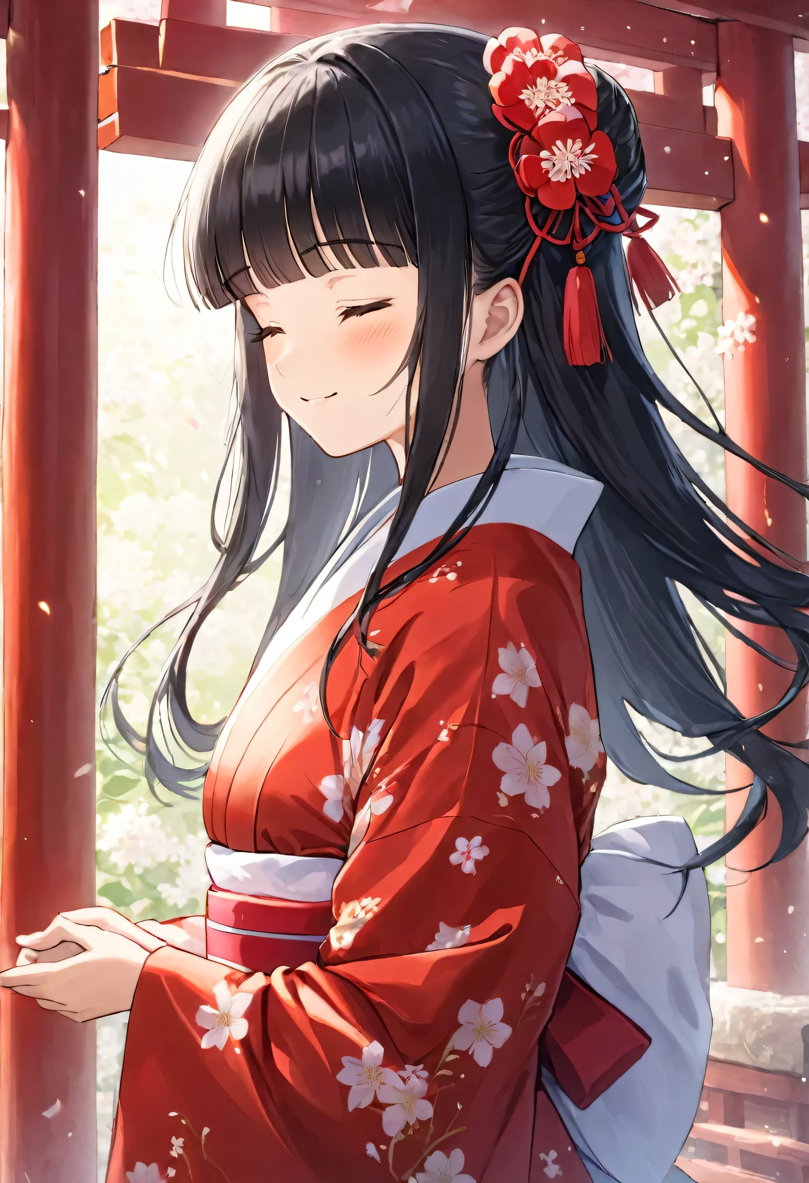 (((in a beautiful artistic Gypsophila elegans kimono))) solo ((blunt bangs)) (black hair long hair cute Shrine maiden girl, 15 yo, sexy closed eyes, cute smile), perfect anatomy, masterpiece, best quality, 16k.