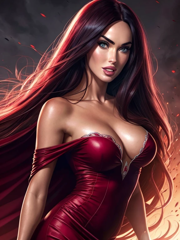 La mejor calidad, 4k, 8k, a high definition, retrato (primer plano), Megan Fox como vampiro, sonriendo mostrando colmillos, cabello lacio, Vestido de vino tinto con escote abierto mangas largas, character design