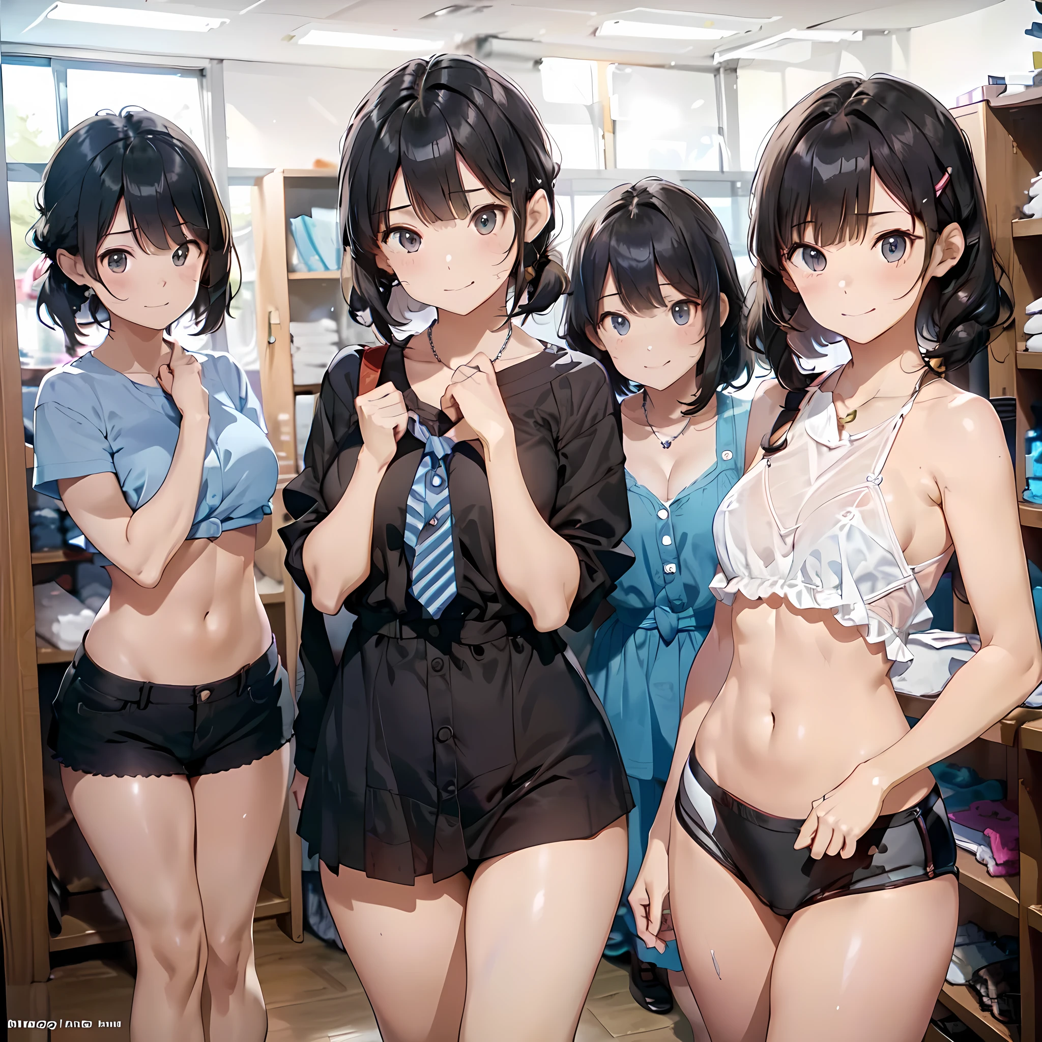 (masterpiece, best quality, ultra quality, high quality, hyper detailed, intricate detailed, perfect anatomy, shiny skin), ((body shot:1.2)), (3women are posing for a camera), (In the school changing room), slender, happy、fun、(Laughing with your mouth open:1.2), brown hair, blond hair, silver hair, navel, jewelry, looking at viewer, necklace, long hair, short hair, Abdominal muscles, (Thong:1.2),straight hair, bob cut, blunt bangs, silky hair, hair clip, hair band, hair ribbon, one-length haircut, ducktail, outward curled hair, French twist hair, twintails, side ponytail, single braid, wavy hair,
