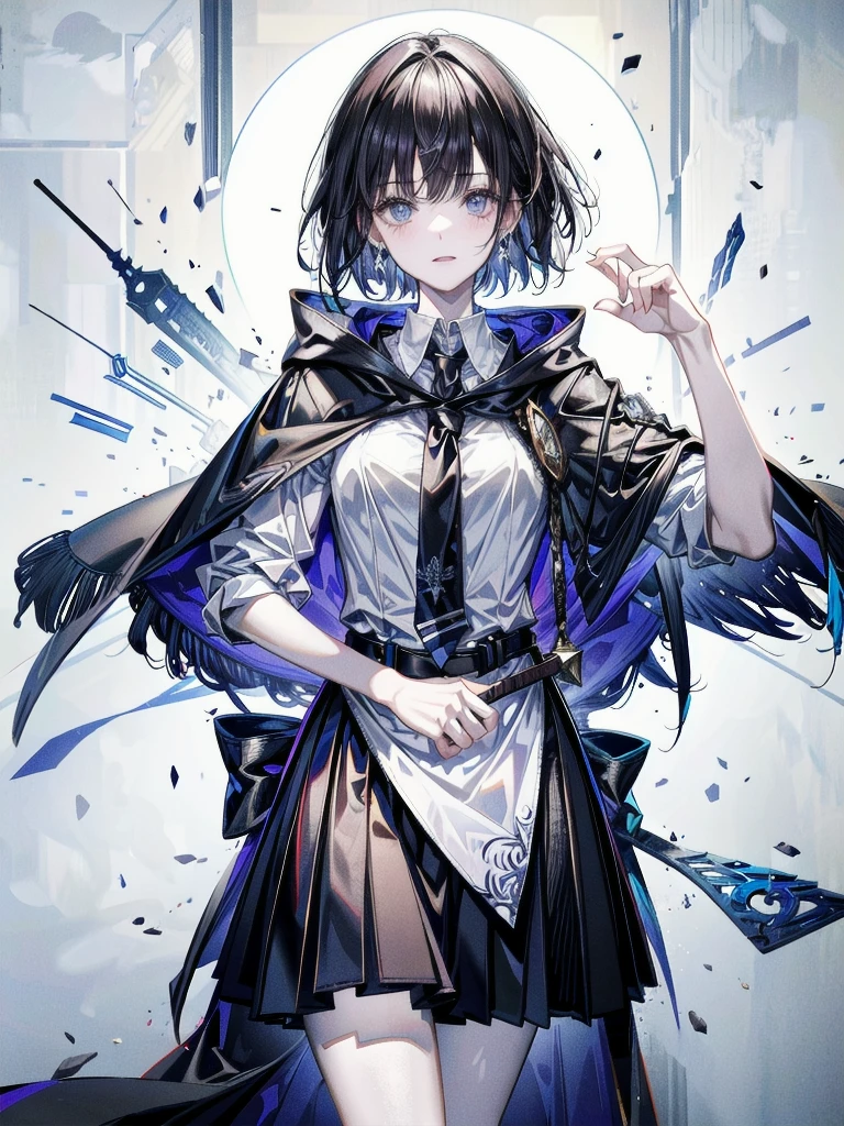 whole body, hogwarts teacher, necktie, cloak, skirt, floresta Negra, absurdres, RAW photo, extremely delicate and beautiful, masterpiece, Best Quality, ultra high resolution, 32k, hyperrealistic, ultra-detailed, detailed description, pale skin, 20 years old, detailed beautiful face and eyes, tearful mole, earring, Colossal tits, short medium hair, wavy hair,