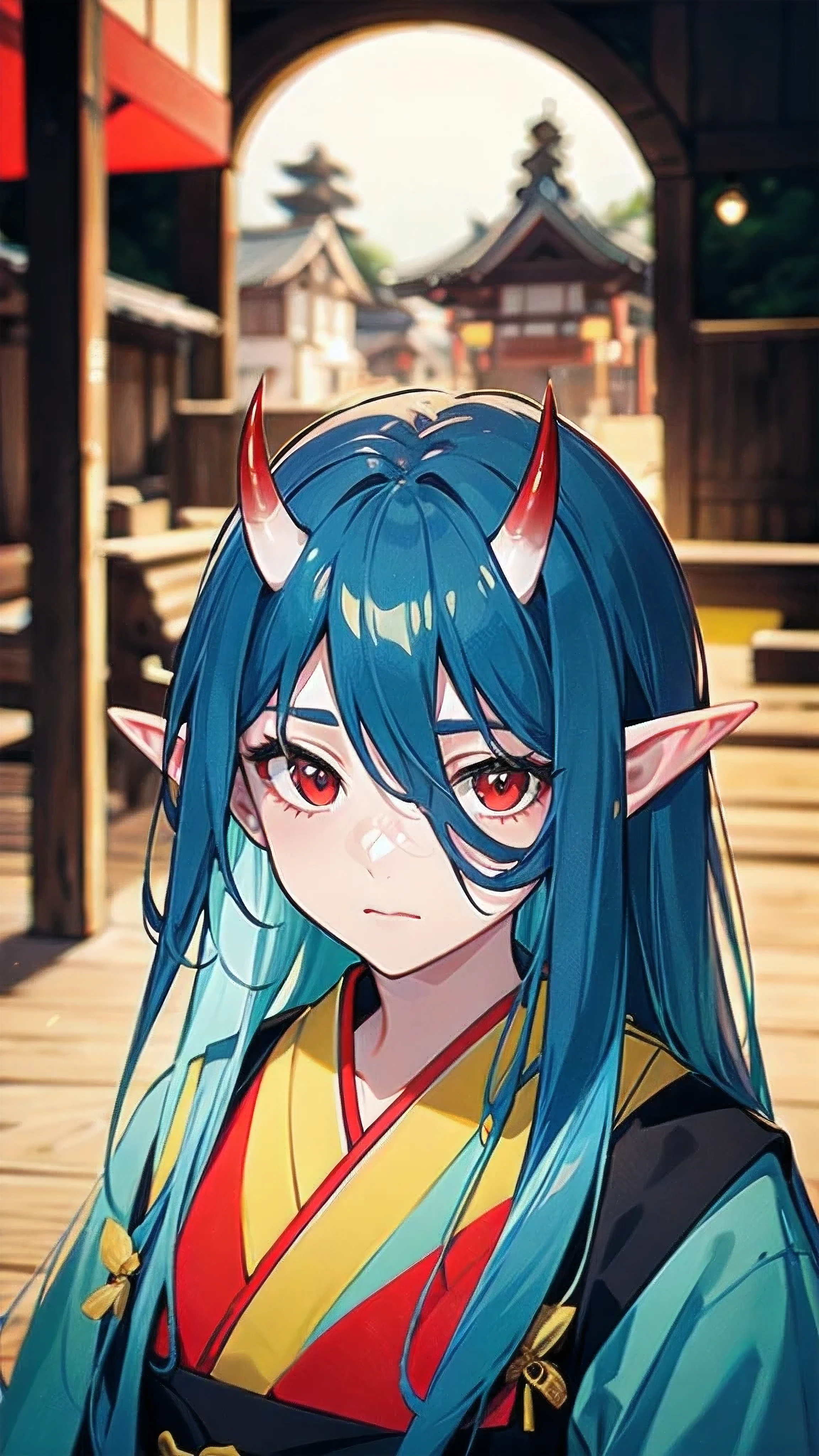RAW, professional photograph, movie photograph, medium shot, Female elf, (((little yellow horns))), twenty years old, night, athletic body, soft facial features, long hair, straight hair, (((pacific cyan hair))), (((red eyes faded to yellow))), japanese female uniform, traditional japanese village, Realism, hyperrealism, ray tracing, high details, super detail, UHD, 8k