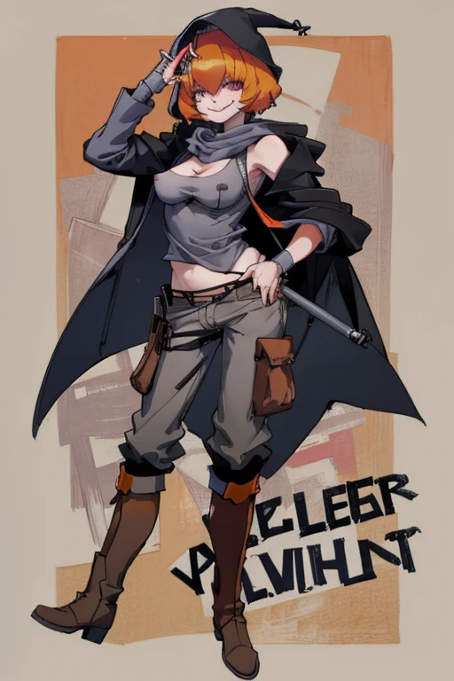 ((highest quality)), ((masterpiece)), (be familiar with),Clementine,Overload,{{nsfw}},Sleeveless hoodie,Grey Shirt,cargo pants,Bewitching Smile,whole body,boots,Long coat,Erect nipples