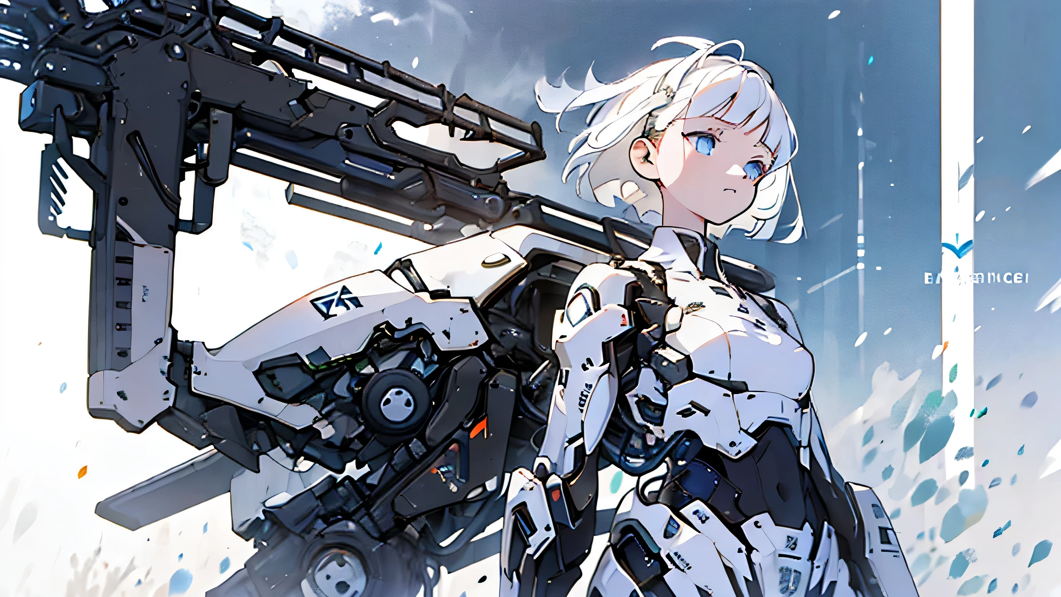 White-haired beautiful girl　Short Hair　Mechanic　Anime Style　Highest quality　The background is the battlefields of Tokyo　Delicate quality　Beautiful illustrations