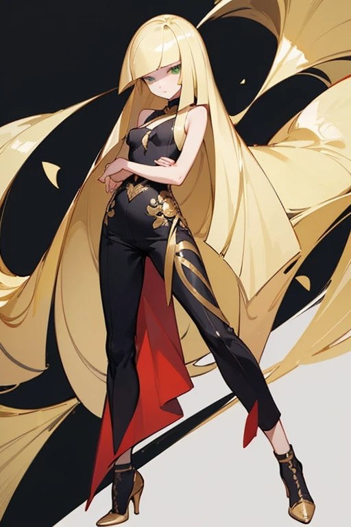 ((highest quality)), ((masterpiece)), (Familiar), Lusamine,thin,thin,Long blonde hair,Small breasts,Erect nipples,Adult female,Green Eyes,Slanted Eyes,Sleeveless dress,Black Dress,Gold embroidery,Pants Style,High heels,Fascinating
