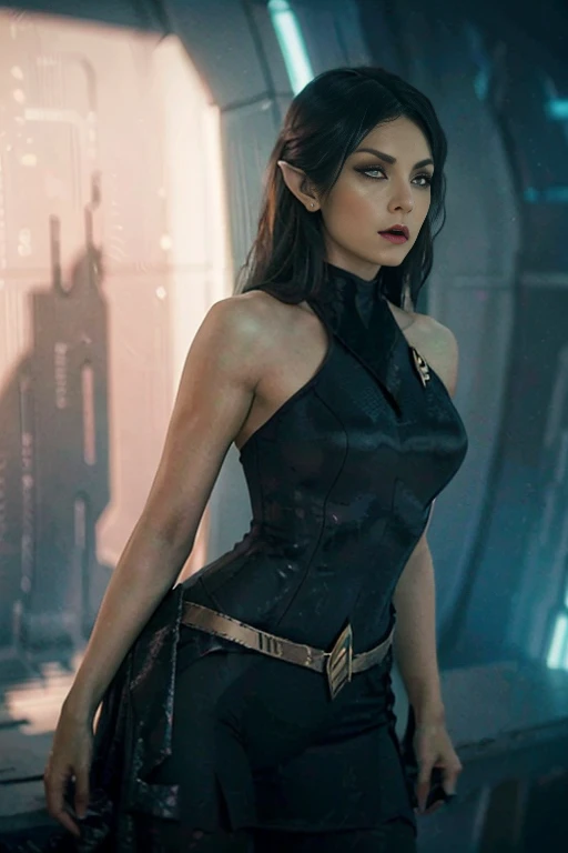 hyper realistic, 16k, best quality, masterpiece, (photorealistic:1.4), 1girl (vulcan/orion girl from star trek), elf. Pretty young. Dream aesthetic, goth makeup, red silky hair (realistic texture), pointed ears, bright turquoise eyes, pale-green skin, illuminated skin, realistic shading, (modern) black gothic dress (realistic textures), big hips, tights. waist up, dramatic lighting, from below, front, front view, multiple different poses at different angles, glowing skin, front, back lighting, athletic figure, muscular female, curvy, wide hips, colorful, looking at viewer, Hyperrealistic, gradient background, dark background, outline, cinematic lighting, (chromatic aberration, intricate details)