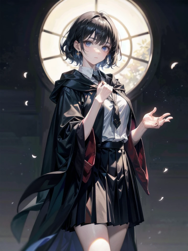 whole body, hogwarts teacher, necktie, cloak, skirt, floresta Negra, absurdres, RAW photo, extremely delicate and beautiful, masterpiece, Best Quality, ultra high resolution, 32k, hyperrealistic, ultra-detailed, detailed description, pale skin, 20 years old, detailed beautiful face and eyes, tearful mole, earring, Colossal tits, short medium hair, wavy hair,