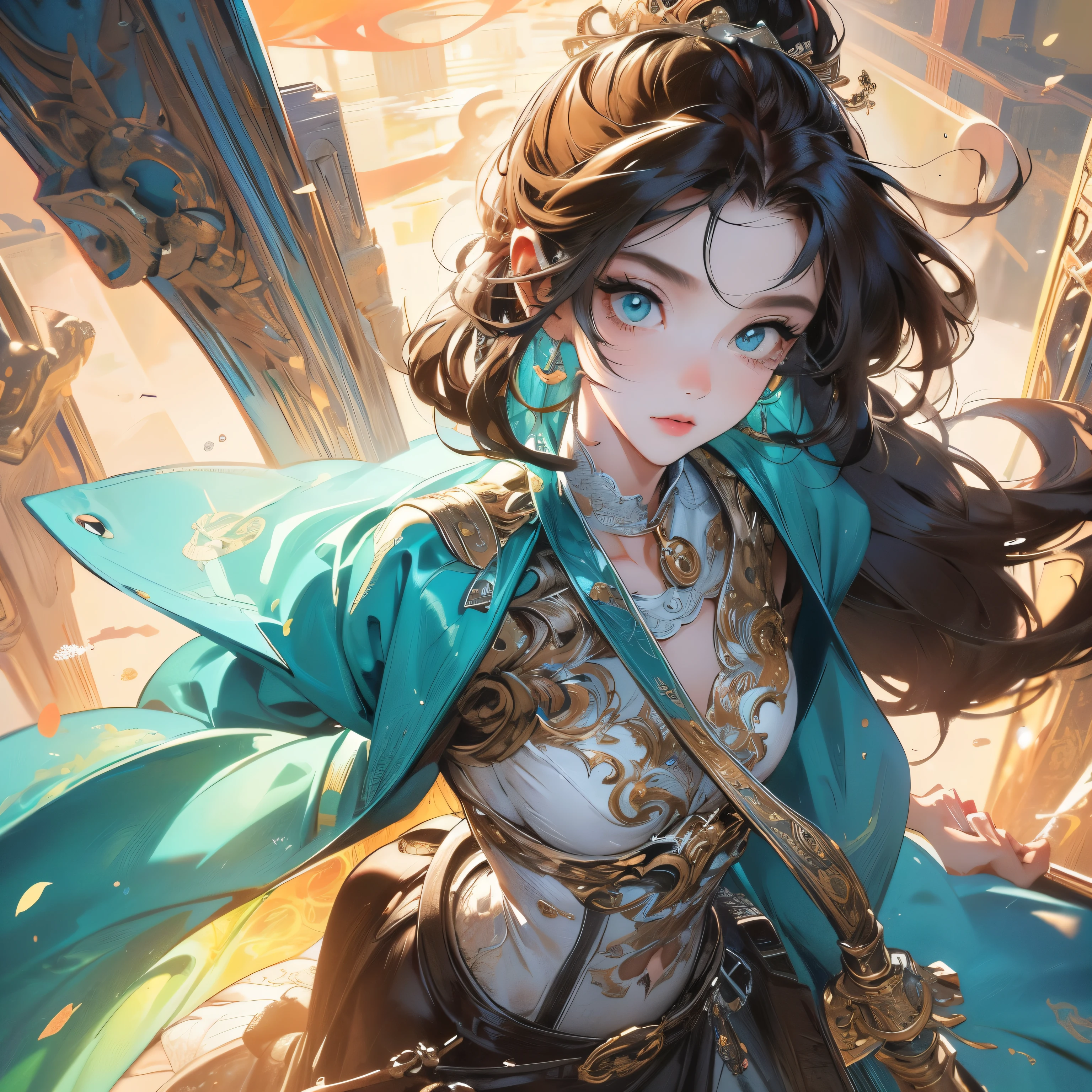 wind spirit, emerald hair, emerald eyes, emerald dress, girl, ponytail