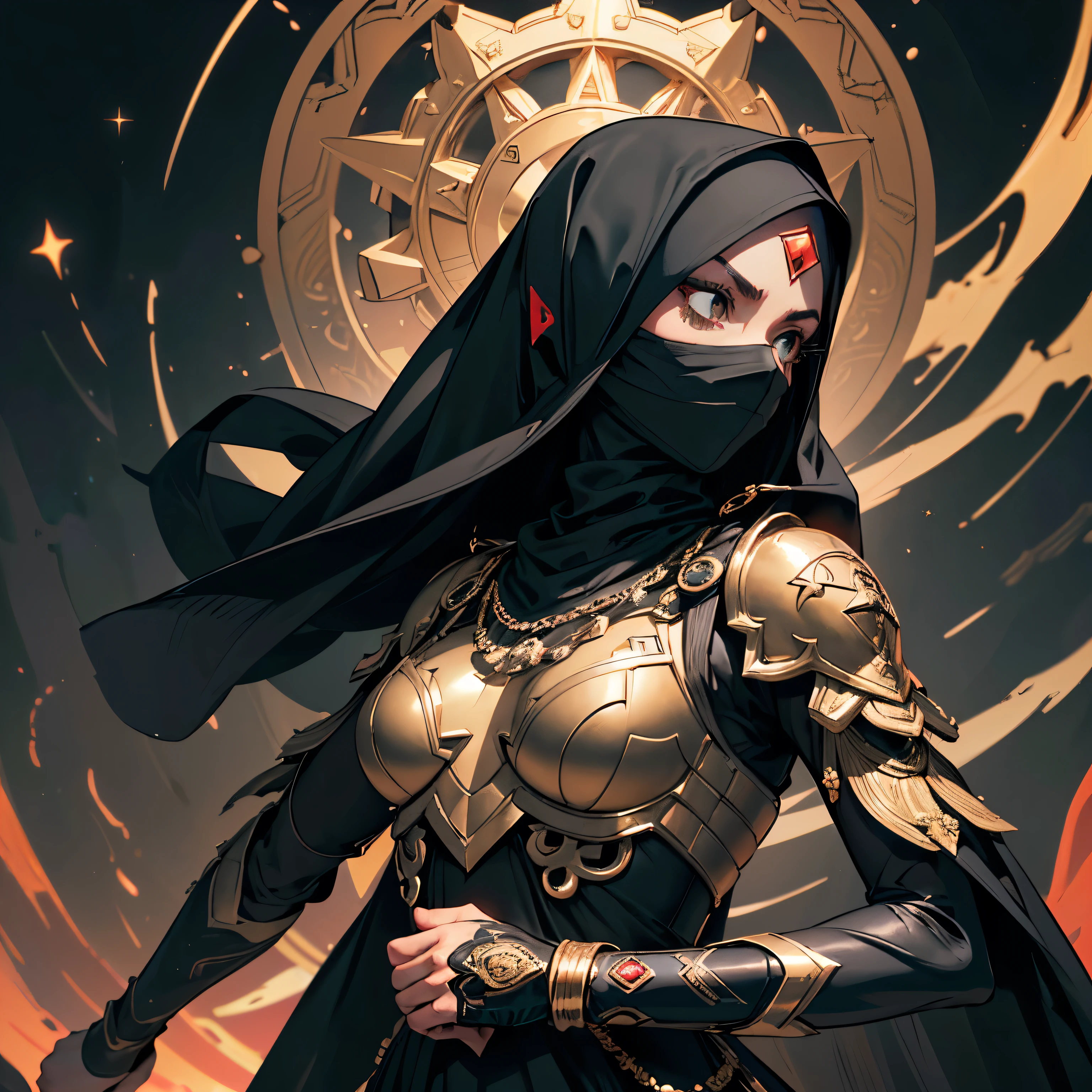 ((Best quality)), ((masterpiece)), (detailed: 1.4), (Absurd), angry princess, ((action pose)), (((black Muslim woman wearing long black dress with gold ornaments and red face covered)))), (((burqa))), (((back))), ready for war, dark skinned, black middle eastern woman, sculptural body with defined muscles, closed mouth, muscular body covered by a Hoyoverse-style technological dress, Honkai Impact, Geishin Impast, technological veil covering the face, Veil covering the head, whole body covered by clothing, holding two scimitars, ((small breasts)), (eyes with heavy makeup and very black without pupils), ((black and gold clothing with small red details)), (((short black hair)), (Arabic inscriptions on the arms), ((designs of golden stars on the arms)), very long eyelashes, heavy eye makeup, lots of jewelry, by mucha, niji --V5, close to real, psychopathic, crazy face, sexy pose, background with a giant Gundam style robot head, 2 piece clothing, diamond shoulder pads, pastel, centered, scale to fit dimensions, HDR (High Dynamic Range),Ray Tracing,NVIDIA RTX,Super-Resolution,Unreal 5,Subsurface dispersion, PBR texture, Post-processing, Anisotropic filtering, Depth of field, Maximum clarity and sharpness, Multilayer textures, Albedo and specular maps, Surface shading, Accurate simulation of light-material interaction, Perfect proportions, Octane Render, Two-tone lighting, Wide aperture, Low ISO, White balance, Rule of thirds, 8K RAW, crysisnanosuit