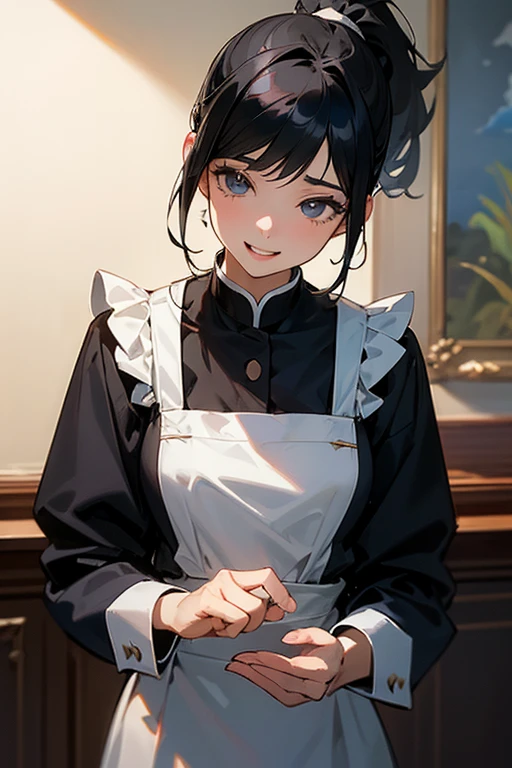 (Highest Resolution, clear_image) highest quality, Single person, One Woman, alone, masterpiece, Very detailed, Semi-realistic, Black Hairのショートヘア, Black Hair, bangs, 18-year-old, mature, light blue uniform, uniform, Indoor Background, kind, Authoritative, Powerful, exquisite features, exquisite features、Eyelashes become longer、Showing teeth、smile😀、Maid clothes、ponytail、