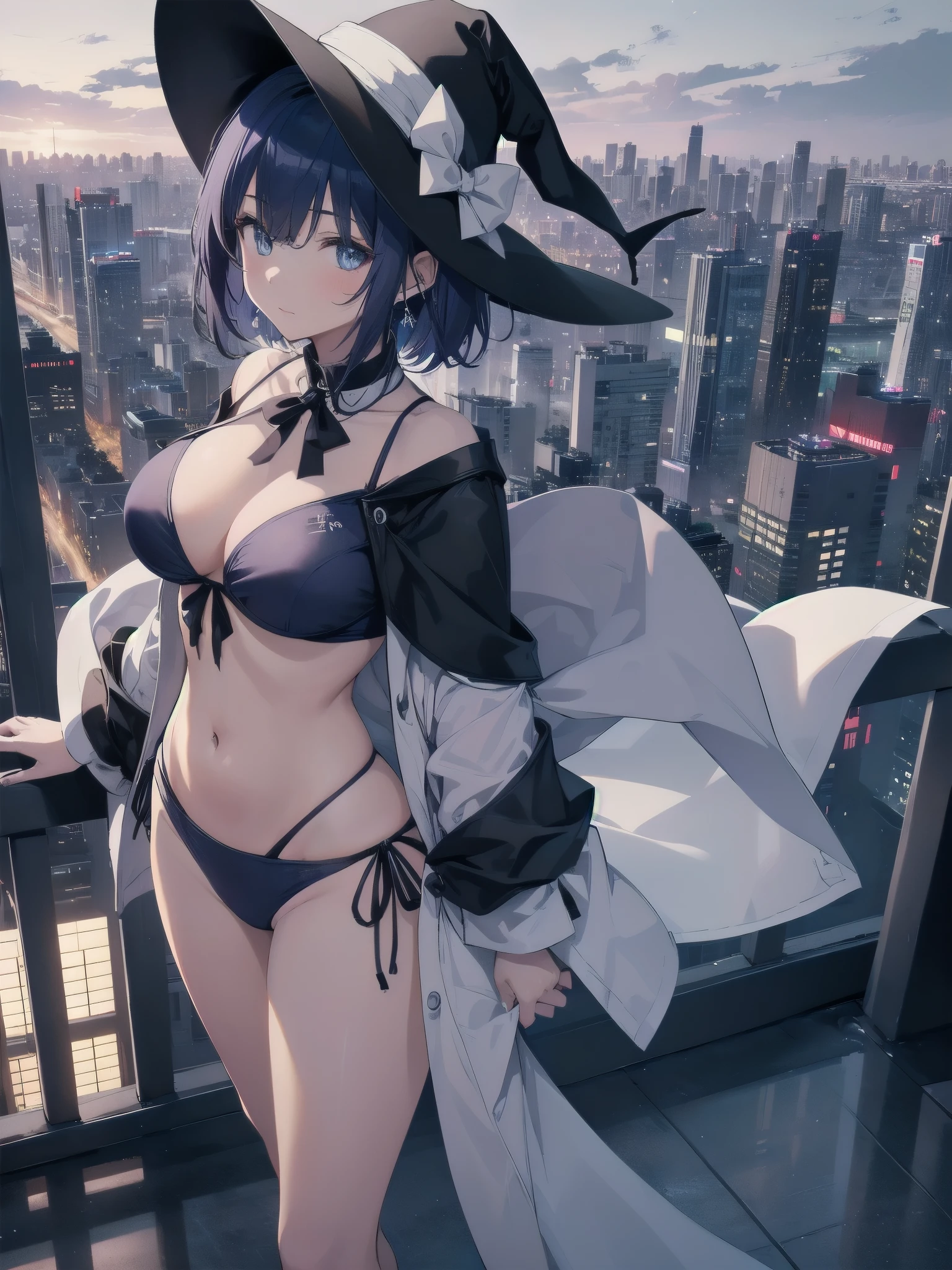 A girl stands on the rooftop of a high-rise building with a panoramic view of late-night Tokyo below.、She has a short bob with a white lob of hair and wears a large black witch hat with sapphire jewelry.、A high school student wearing a navy blue bikini-type swimsuit with a white ribbon、She wears a large witch&#39;s hat with a small sapphire accessory、A few star creams、Beautiful starry sky、Beautiful night view、large witch's hat 、Navy blue bikini pants that dig into your stomach、Small breasts、Small breasts、Navy blue swimsuit top with white frills、I see my stomach、The area around the stomach is bare skin.、Belly button、Halterneck bikini、She is wearing hot pants