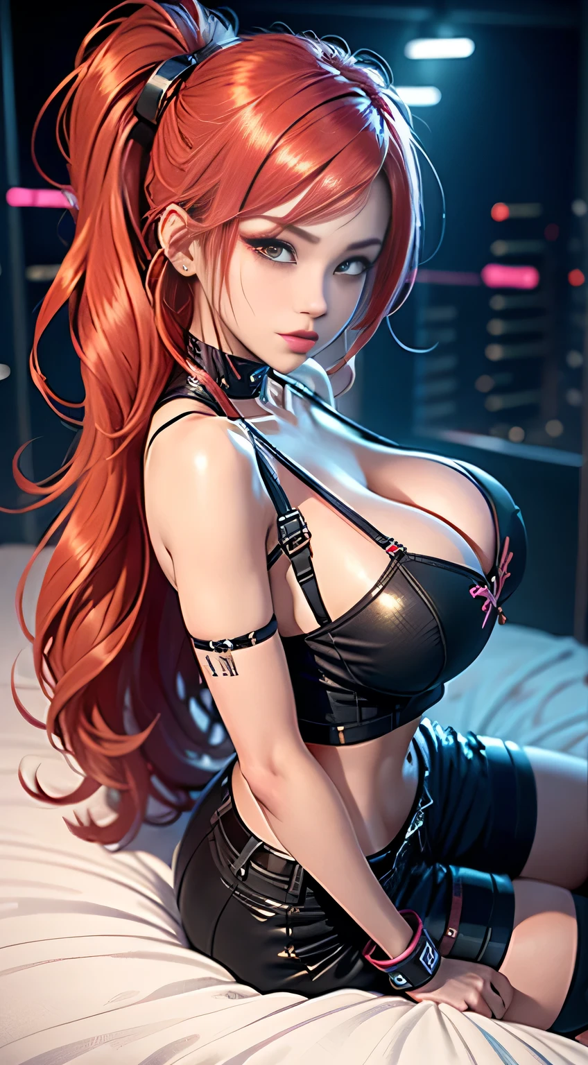 sfw, ((lying on bed top view)), best quality, anime girl with red hair and blue shirt stands in front of a neon city, Anime style 4k, seductive anime girl, lofi girl, retro anime girl, Anime style. 8k, 80s anime vibe, anime vibe, cyberpunk digital anime art, 80s anime art style, digital anime illustration, cyberpunk anime girl, city girl fanartwoman helping neon undress, woman chokes neon during sex, wearing bra,((skinny waist)), young asian girl, ((big breasted)),