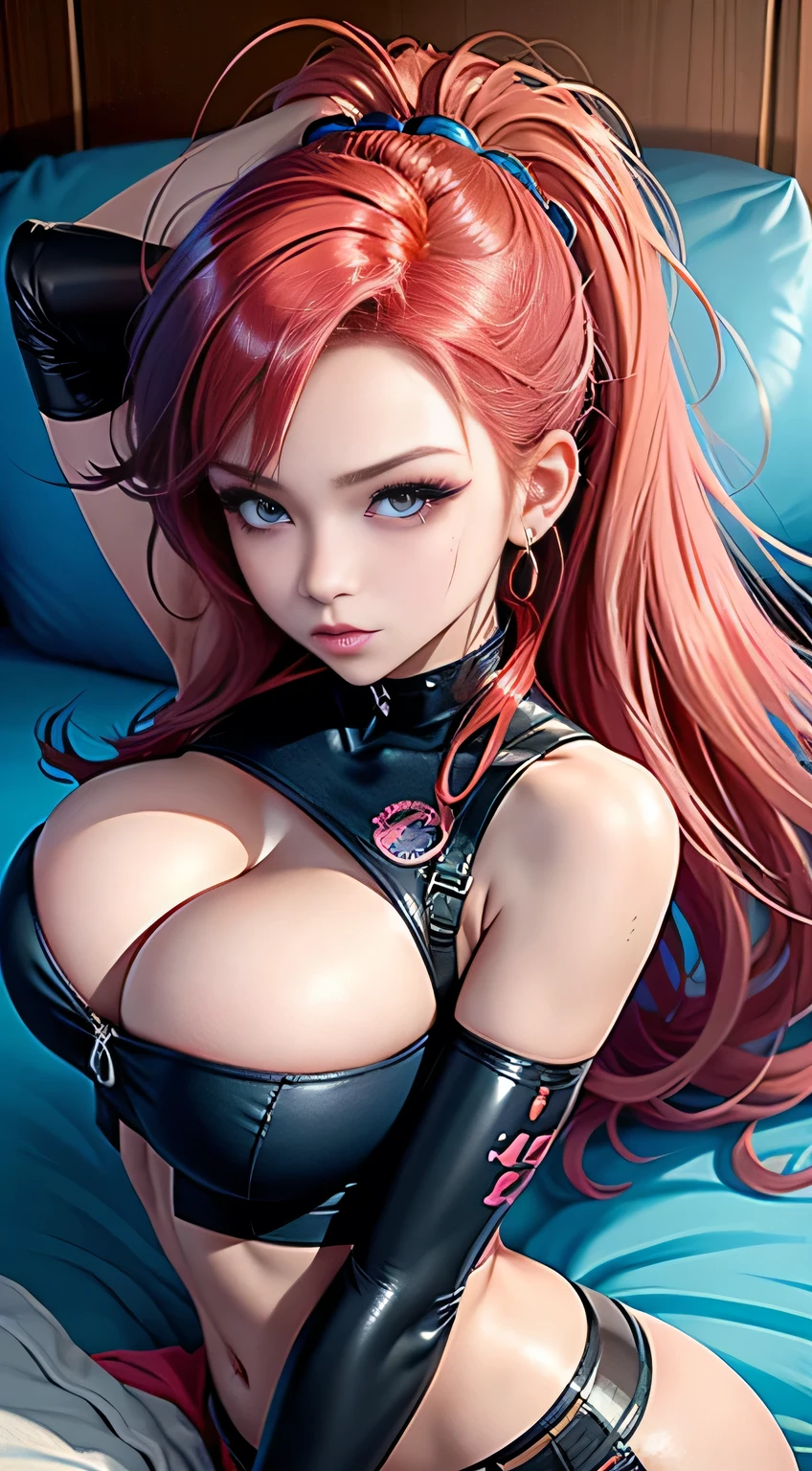 sfw, ((lying on bed top view)), best quality, anime girl with red hair and blue shirt stands in front of a neon city, Anime style 4k, seductive anime girl, lofi girl, retro anime girl, Anime style. 8k, 80s anime vibe, anime vibe, cyberpunk digital anime art, 80s anime art style, digital anime illustration, cyberpunk anime girl, city girl fanartwoman helping neon undress, woman chokes neon during sex, wearing bra,((skinny waist)), young asian girl, ((big breasted)),