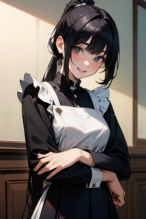 (Highest Resolution, clear_image) highest quality, Single person, One Woman, alone, masterpiece, Very detailed, Semi-realistic, Black Hairのショートヘア, Black Hair, bangs, 18-year-old, mature, light blue uniform, uniform, Indoor Background, kind, Authoritative, Powerful, exquisite features, exquisite features、Eyelashes become longer、Showing teeth、smile😀、Maid clothes、ponytail、