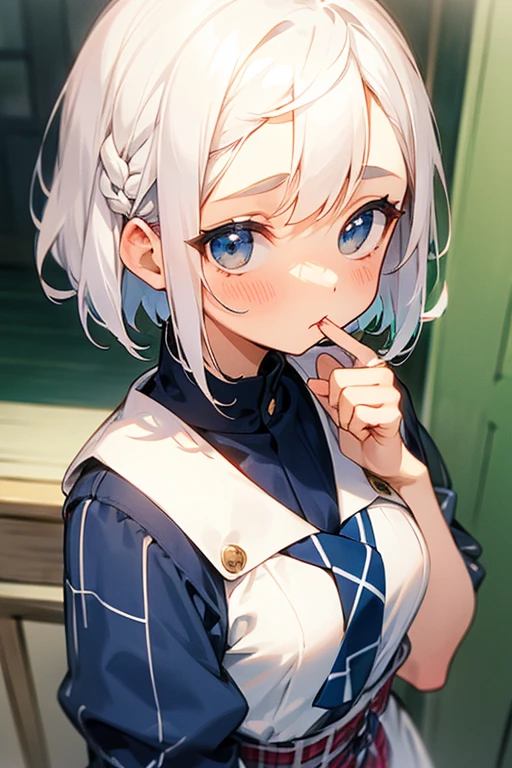 momoka, halo, short twintails, horns, bright pupils, ahoge, pointy ears, (dragon tail:1.1), collared dress, sleeveless dress, necktie, small breasts, (pointing at viewer:1.035), BREAK laughing, covering mouth, hand to own mouth, sharp teeth, (smug:1.2), :d, open mouth, , indoors, office, sitting on desk, holding food, (bag of chips:0.7),