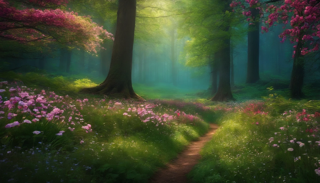 Forest in spring with trees and flowers