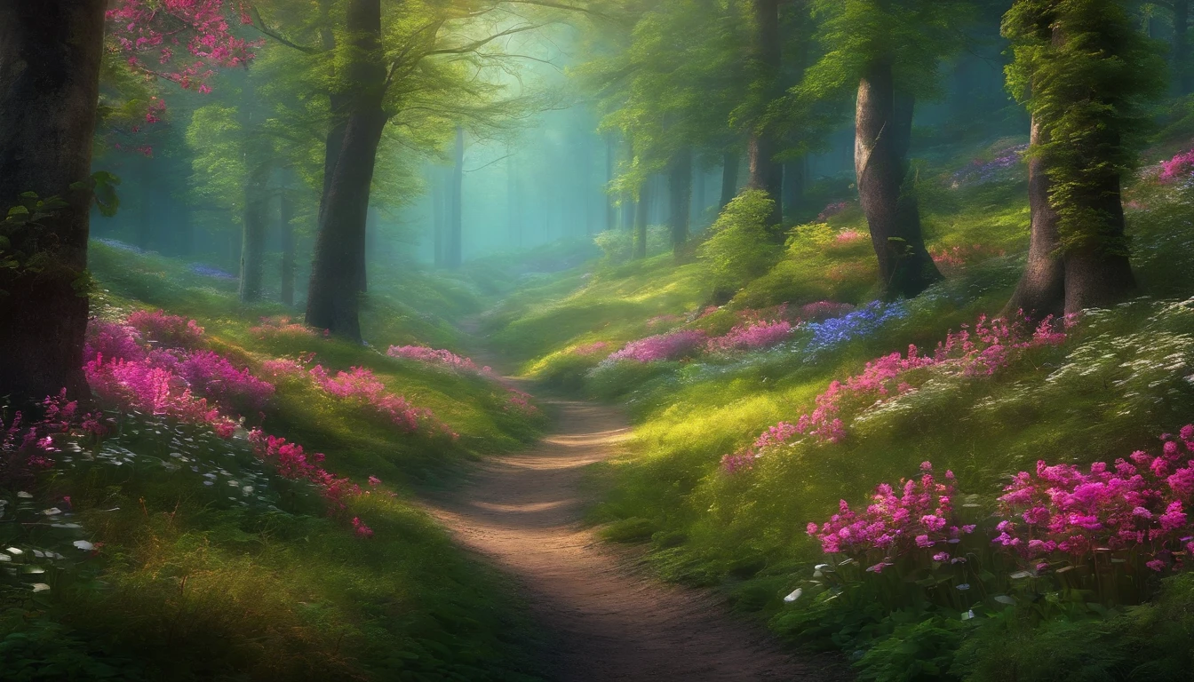 Forest in spring with trees and flowers